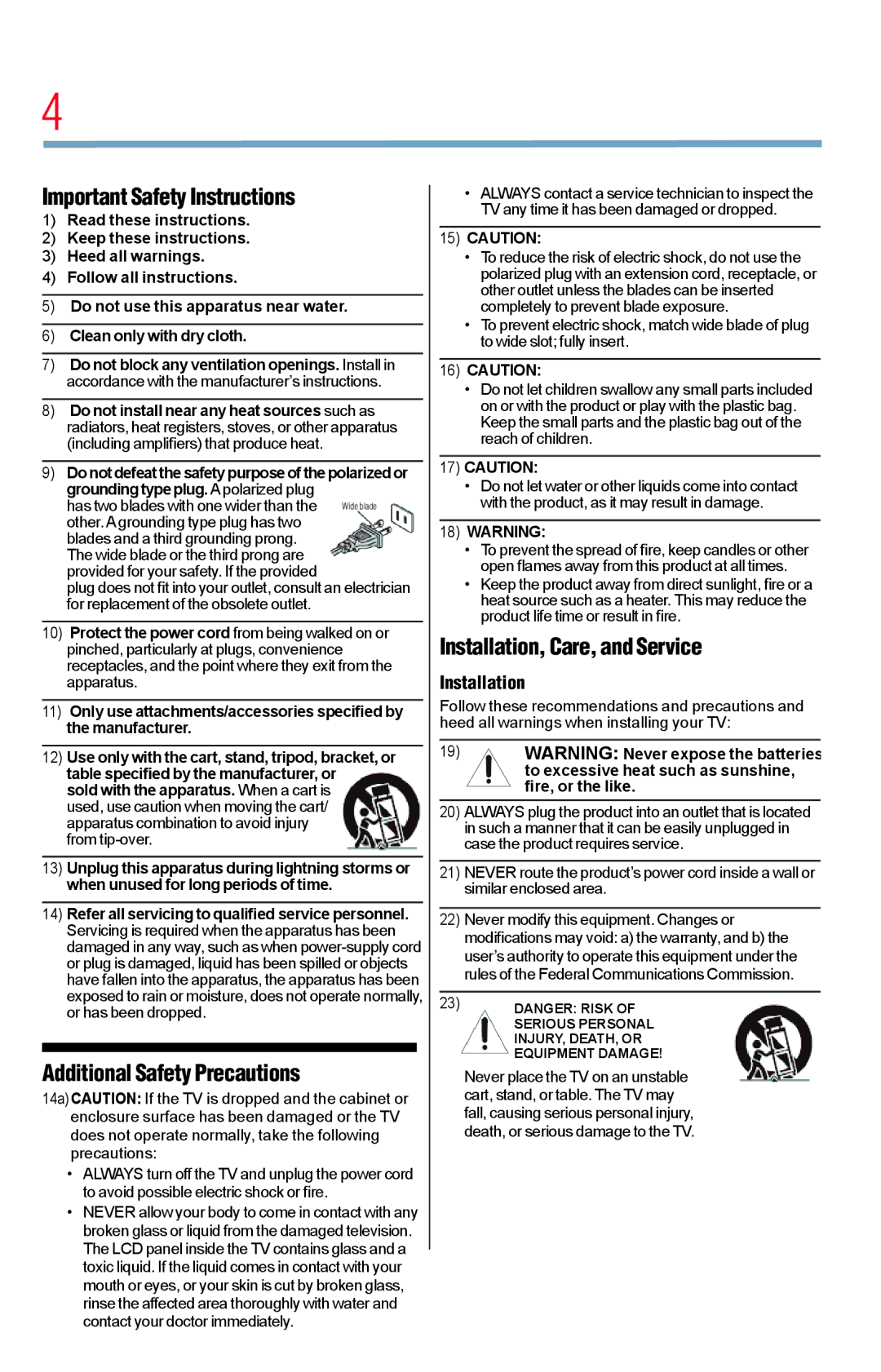 Toshiba 23L1400UC, 40L1400UC, 32L1400UC, 50L1400UC manual Important Safety Instructions 