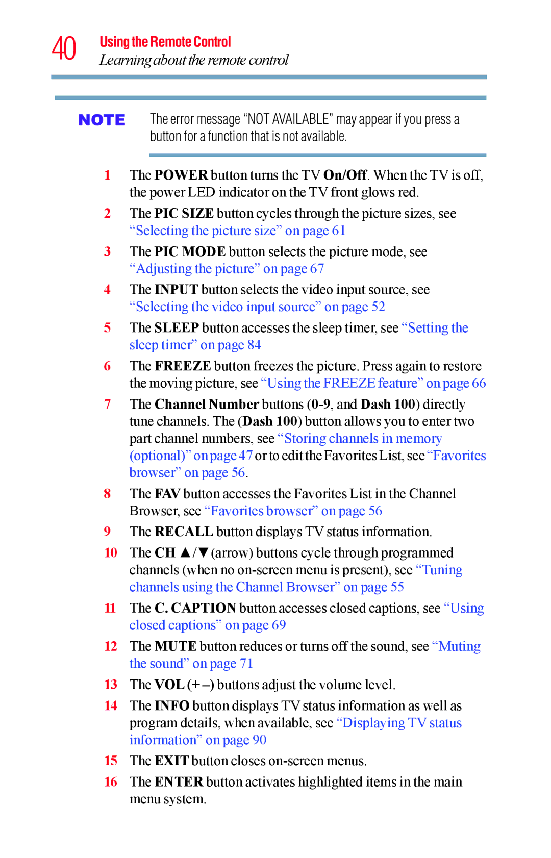 Toshiba 23L1400UC, 40L1400UC, 32L1400UC, 50L1400UC manual Learning about the remote control 