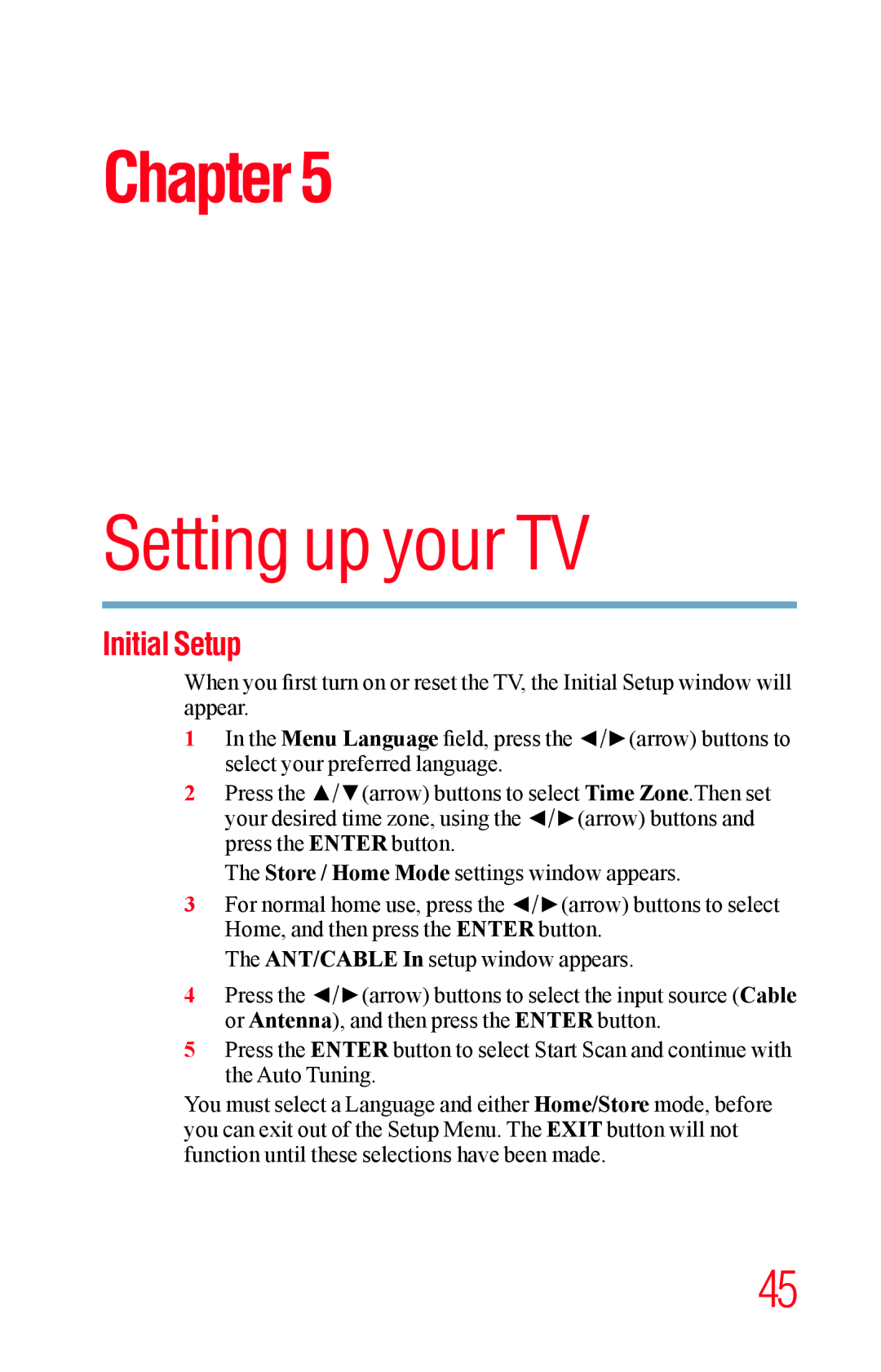 Toshiba 40L1400UC, 23L1400UC, 32L1400UC, 50L1400UC manual Setting up your TV, Initial Setup 