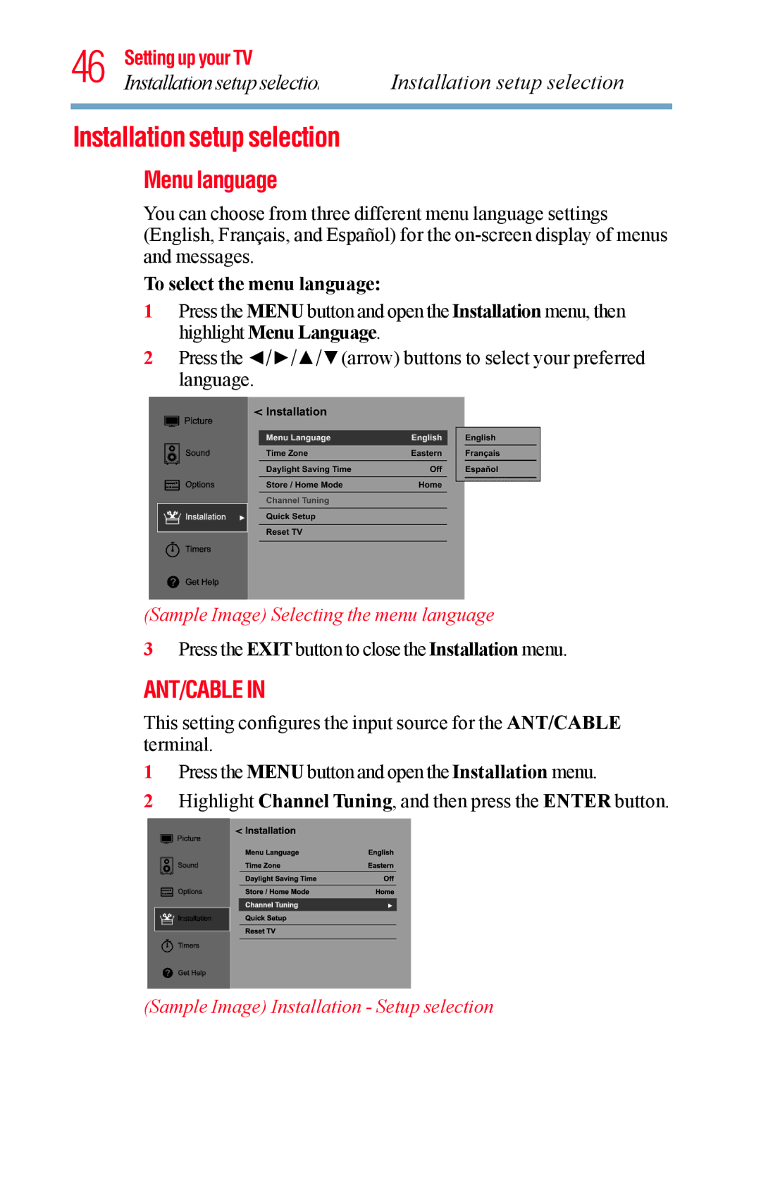 Toshiba 32L1400UC, 23L1400UC manual Installation setup selection, Menu language, Sample Image Selecting the menu language 