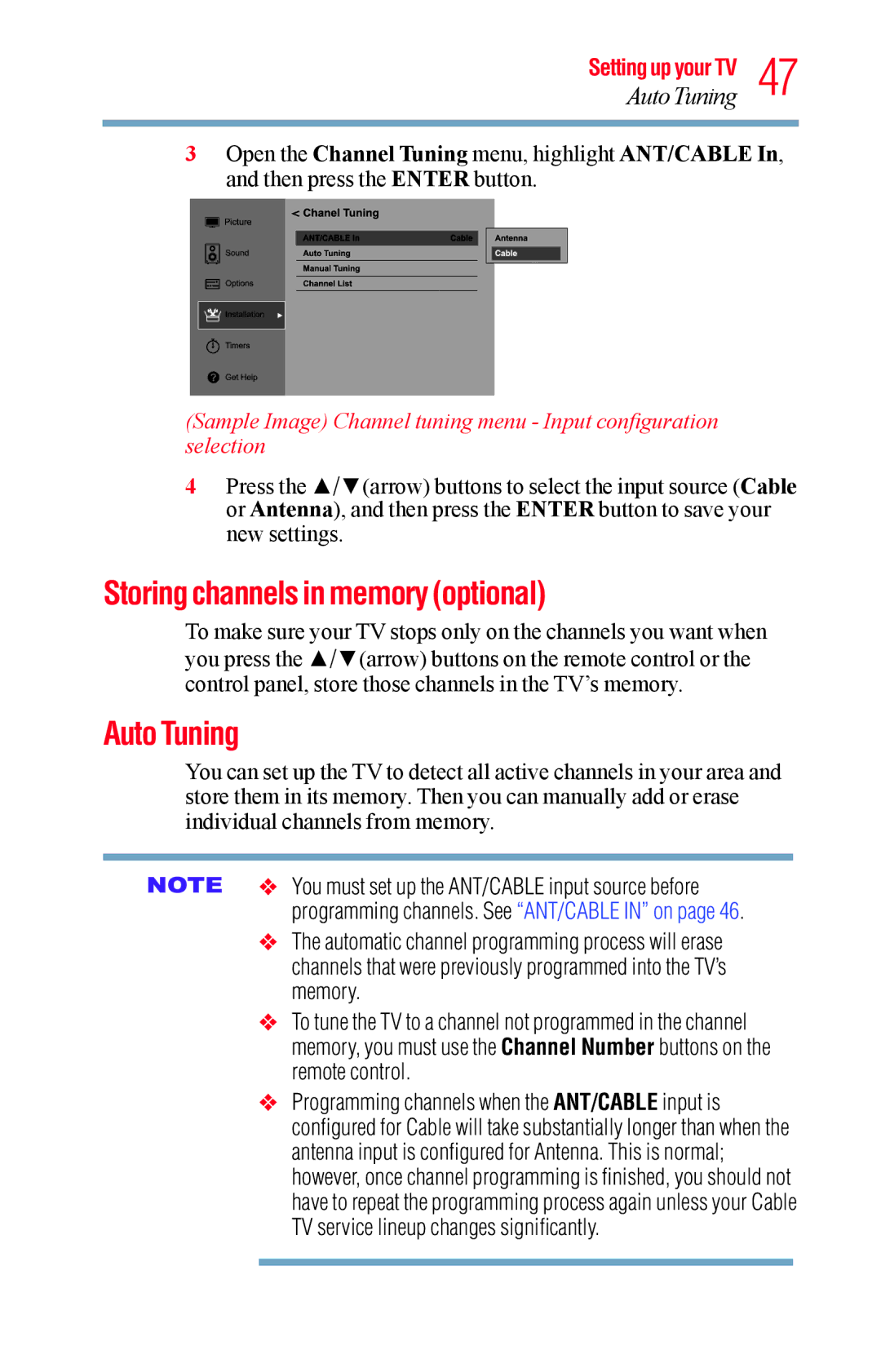 Toshiba 50L1400UC, 23L1400UC, 40L1400UC, 32L1400UC manual Storing channels in memory optional, Auto Tuning 