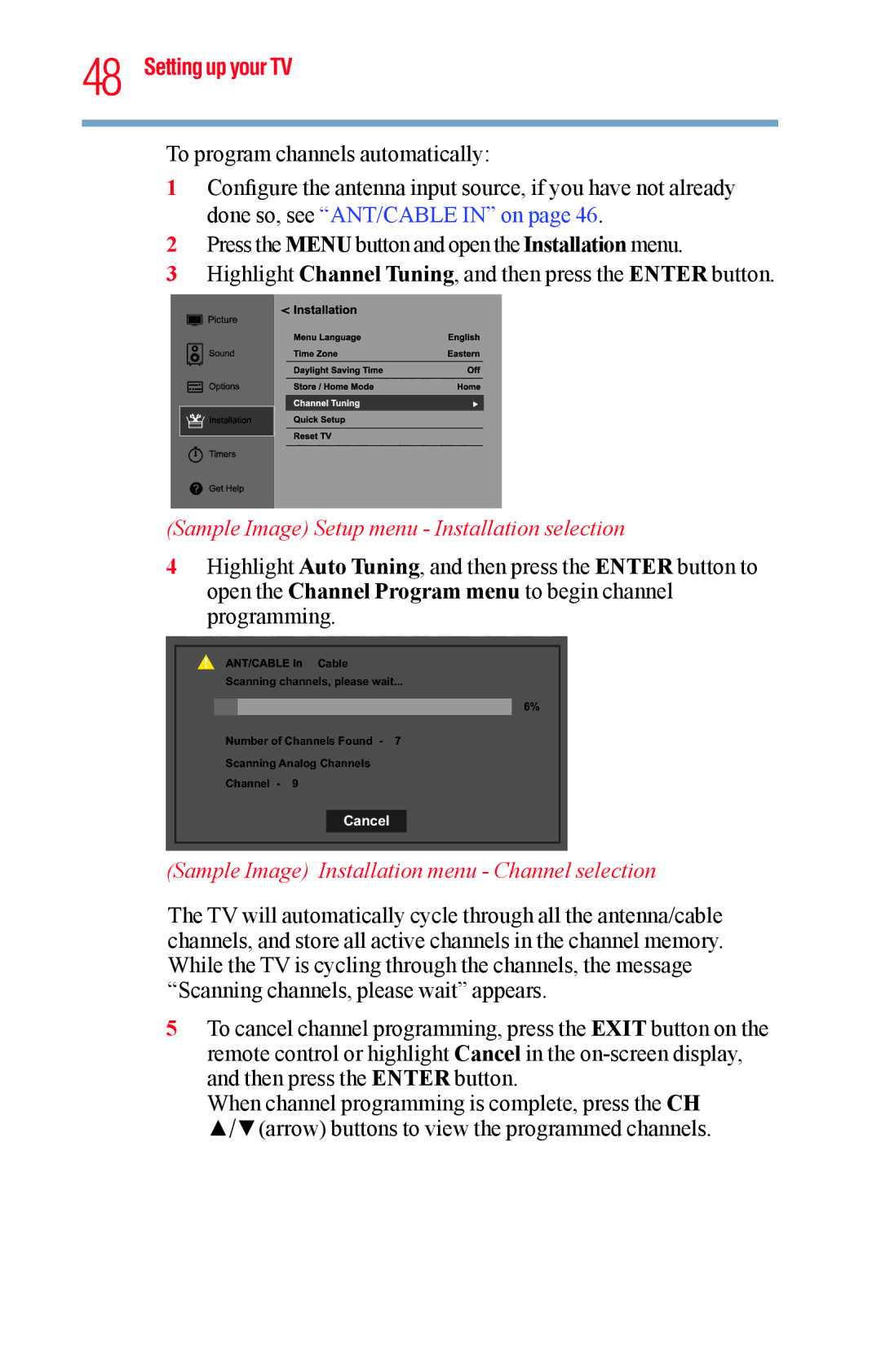 Toshiba 23L1400UC manual Sample Image Setup menu Installation selection, Sample Image Installation menu Channel selection 