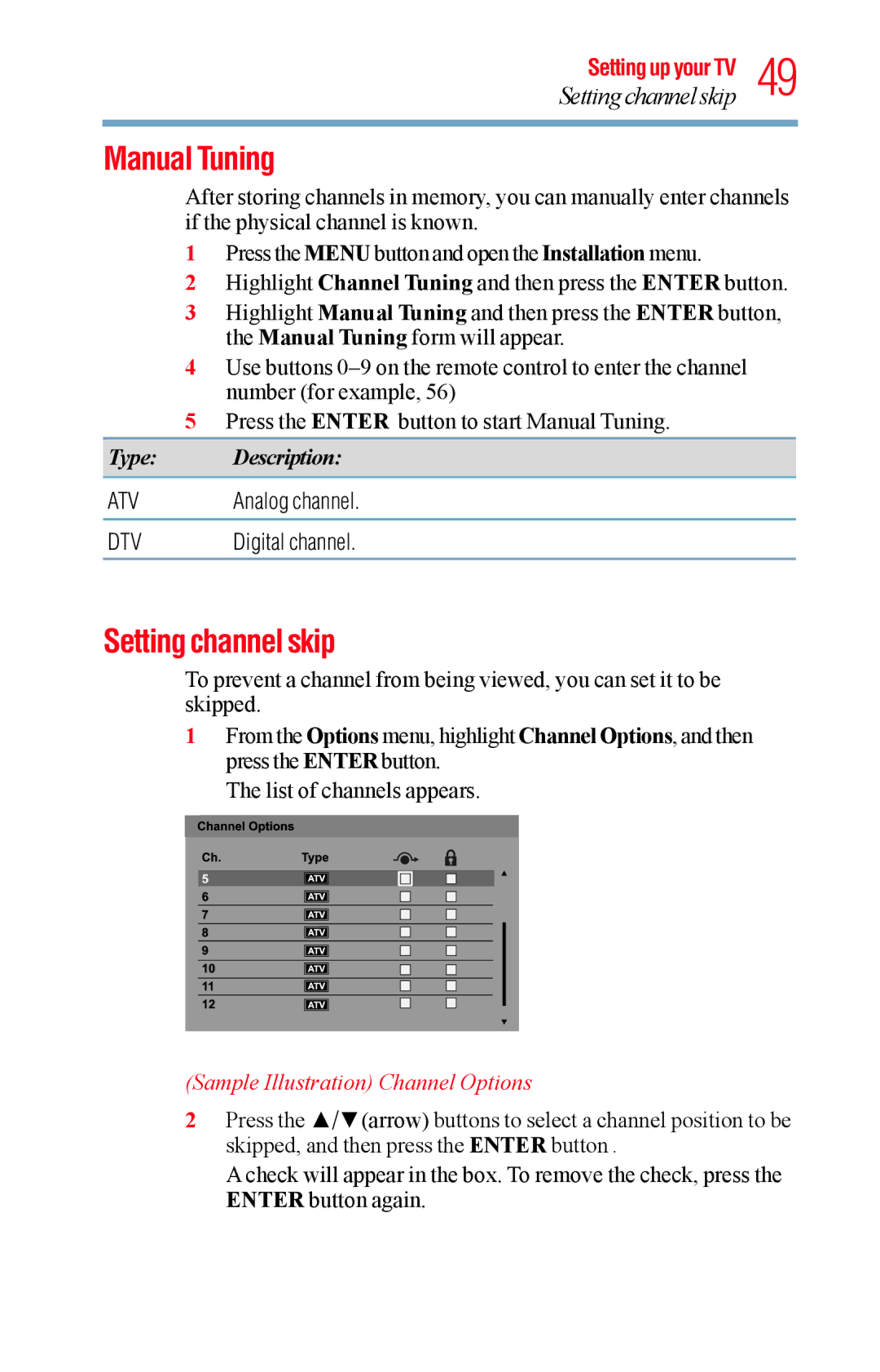 Toshiba 40L1400UC, 23L1400UC, 32L1400UC, 50L1400UC manual Manual Tuning, Setting channel skip, Analog channel, Digital channel 