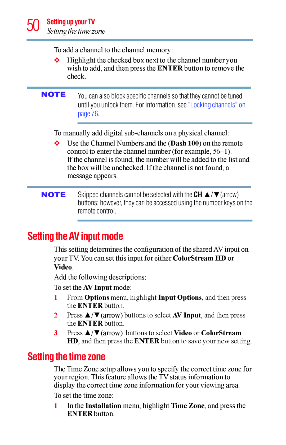 Toshiba 32L1400UC, 23L1400UC, 40L1400UC, 50L1400UC manual Setting the AV input mode, Setting the time zone 