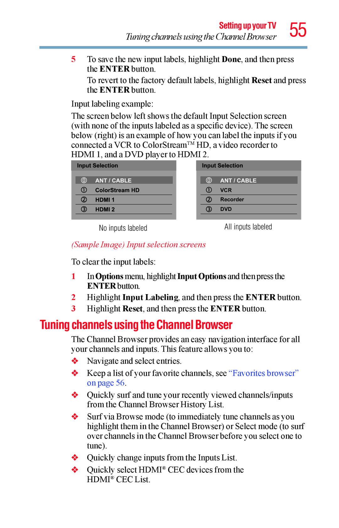 Toshiba 50L1400UC, 23L1400UC, 40L1400UC Tuning channels using the Channel Browser, Sample Image Input selection screens 