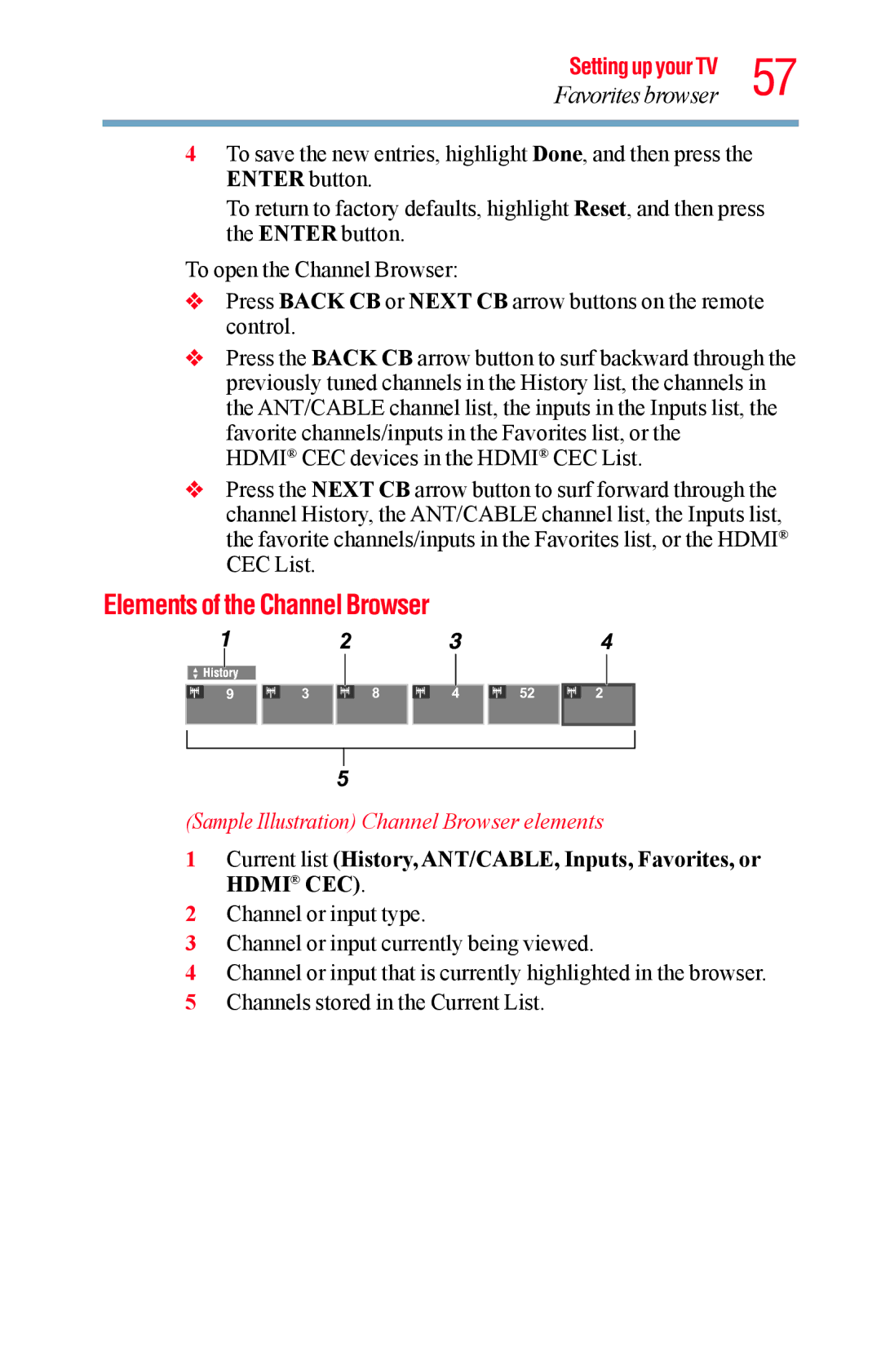 Toshiba 40L1400UC, 23L1400UC, 32L1400UC manual Elements of the Channel Browser, Sample Illustration Channel Browser elements 