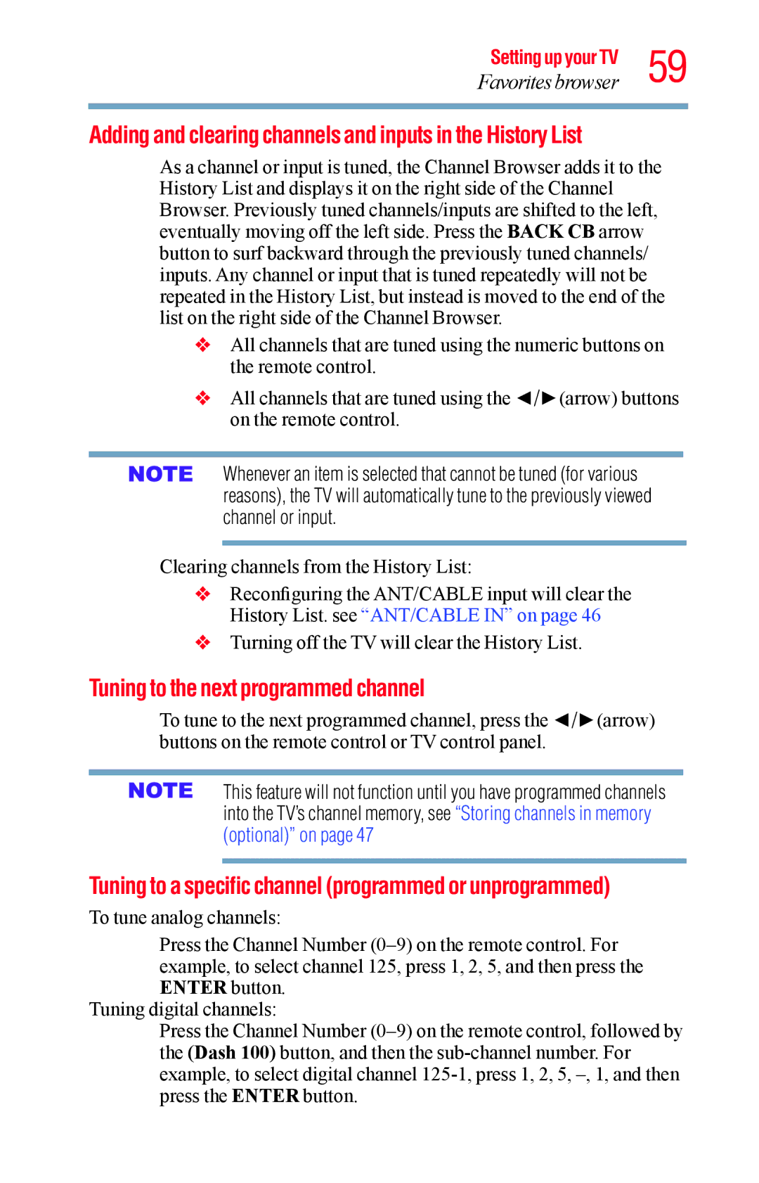 Toshiba 50L1400UC manual Adding and clearing channels and inputs in the History List, Tuning to the next programmed channel 