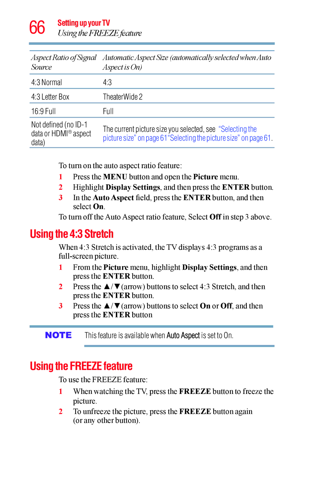 Toshiba 32L1400UC, 23L1400UC, 40L1400UC, 50L1400UC manual Using the 43 Stretch, Using the Freeze feature 