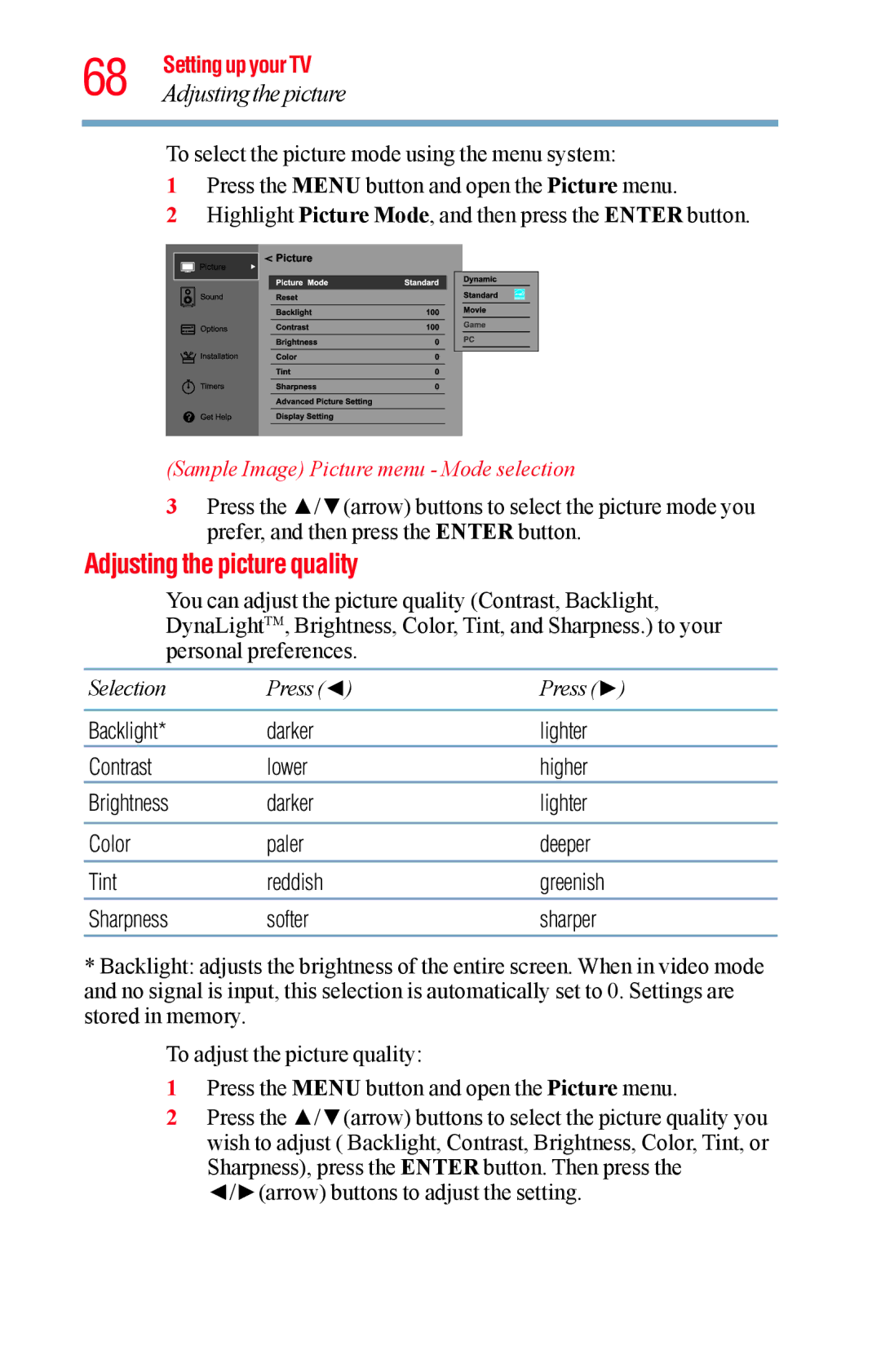 Toshiba 23L1400UC, 40L1400UC, 32L1400UC, 50L1400UC Adjusting the picture quality, Sample Image Picture menu Mode selection 