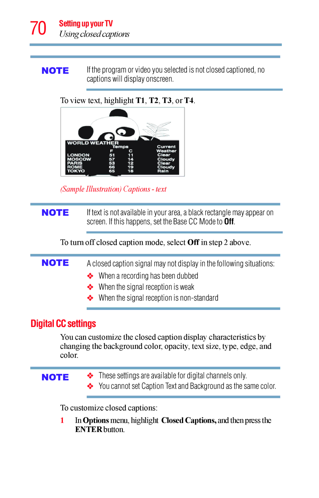 Toshiba 32L1400UC, 23L1400UC, 40L1400UC, 50L1400UC manual Digital CC settings, Sample Illustration Captions text 