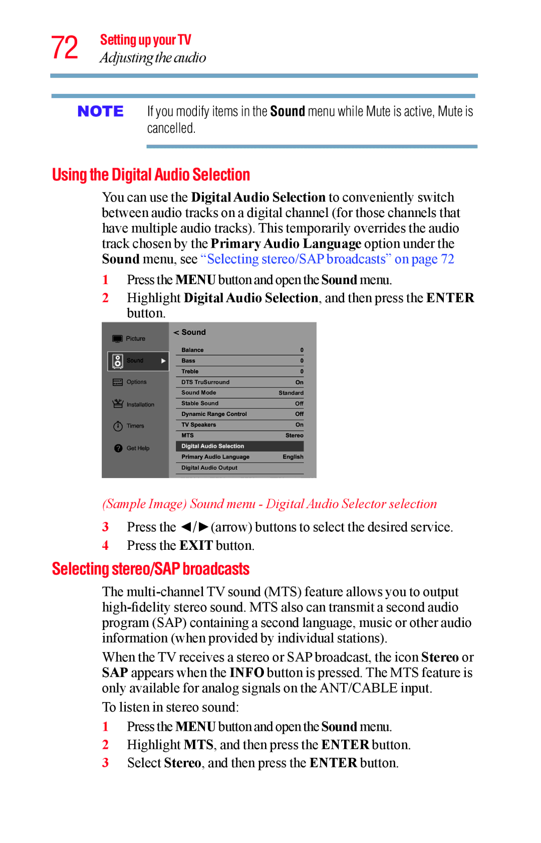 Toshiba 23L1400UC, 40L1400UC, 32L1400UC, 50L1400UC manual Using the Digital Audio Selection, Selecting stereo/SAP broadcasts 