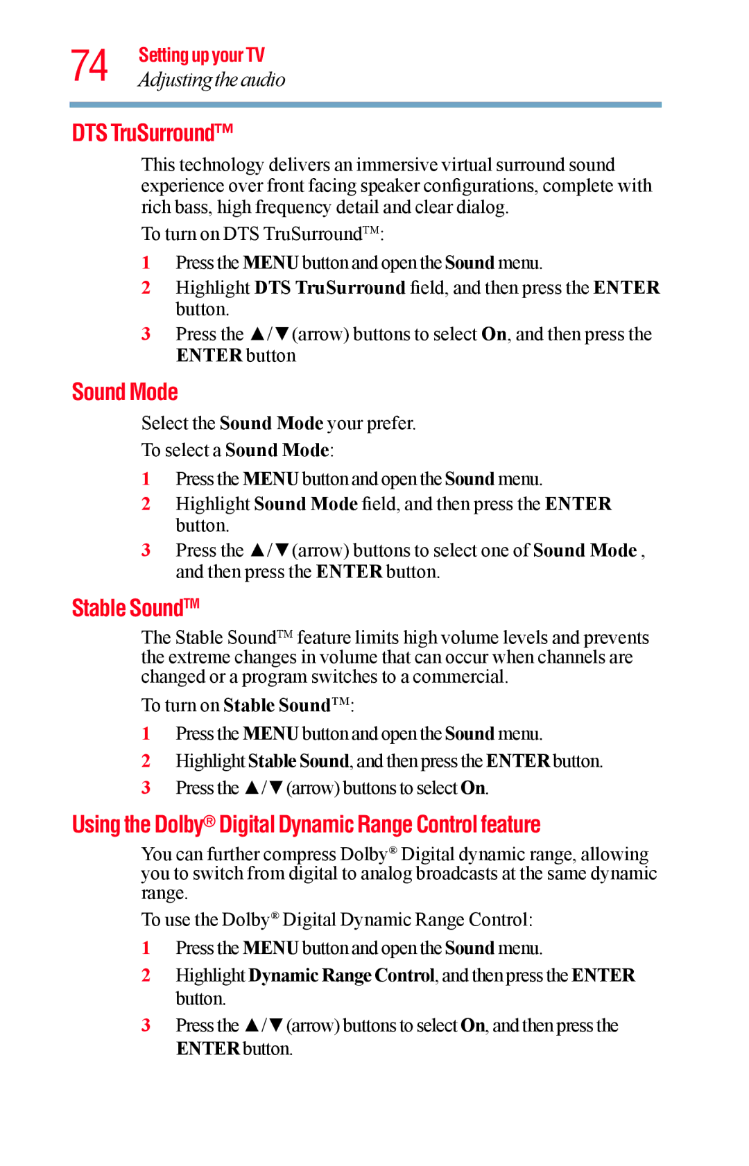 Toshiba 32L1400UC manual DTS TruSurround, Sound Mode, Stable SoundTM, Using the Dolby Digital Dynamic Range Control feature 