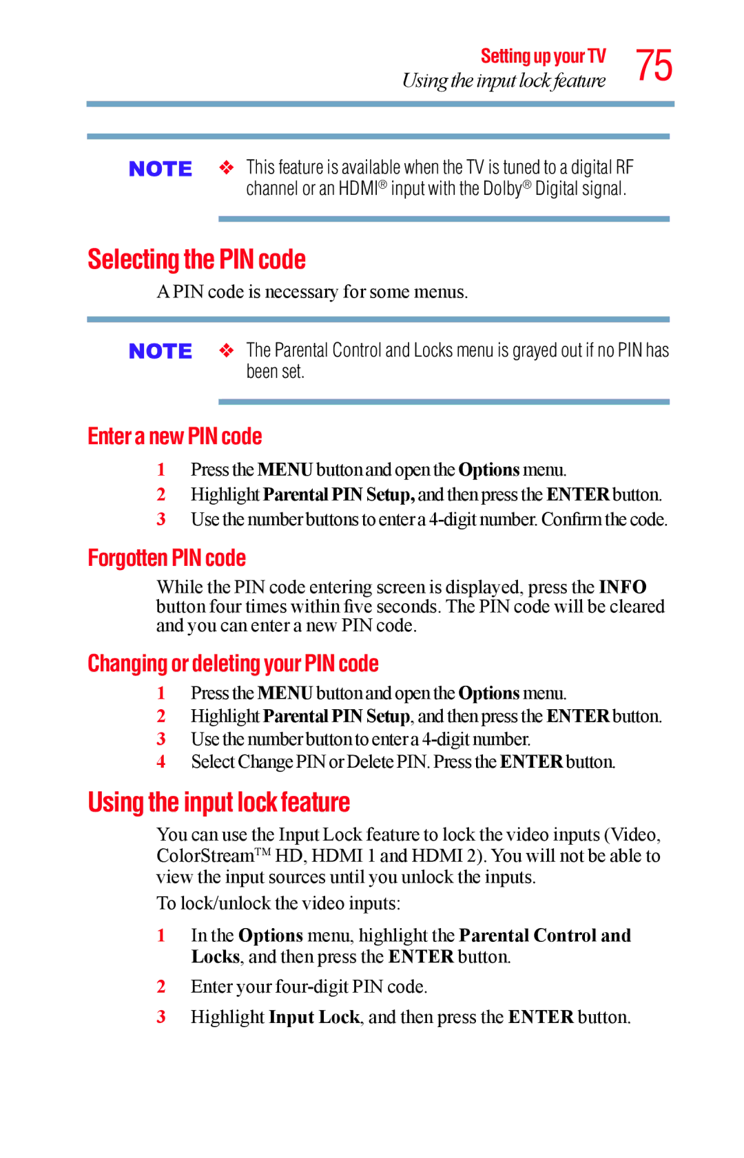 Toshiba 50L1400UC manual Selecting the PIN code, Using the input lock feature, Enter a new PIN code, Forgotten PIN code 