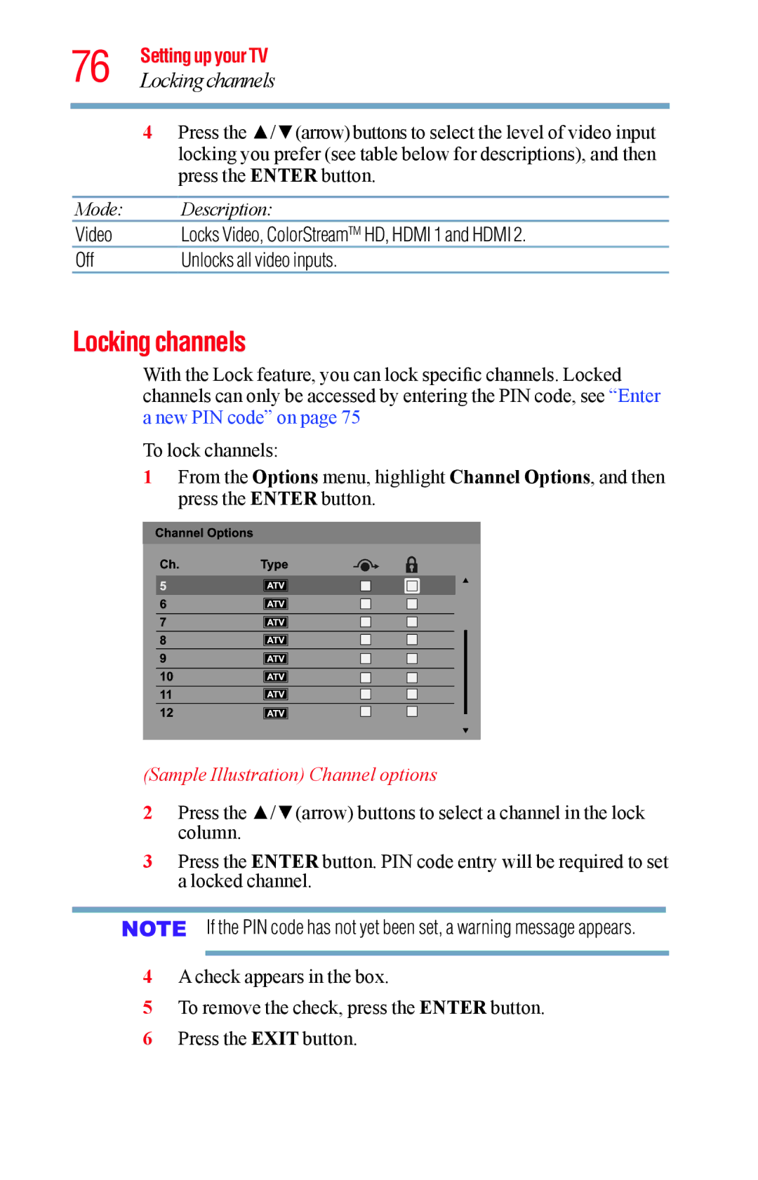 Toshiba 23L1400UC, 40L1400UC, 32L1400UC, 50L1400UC manual Locking channels 