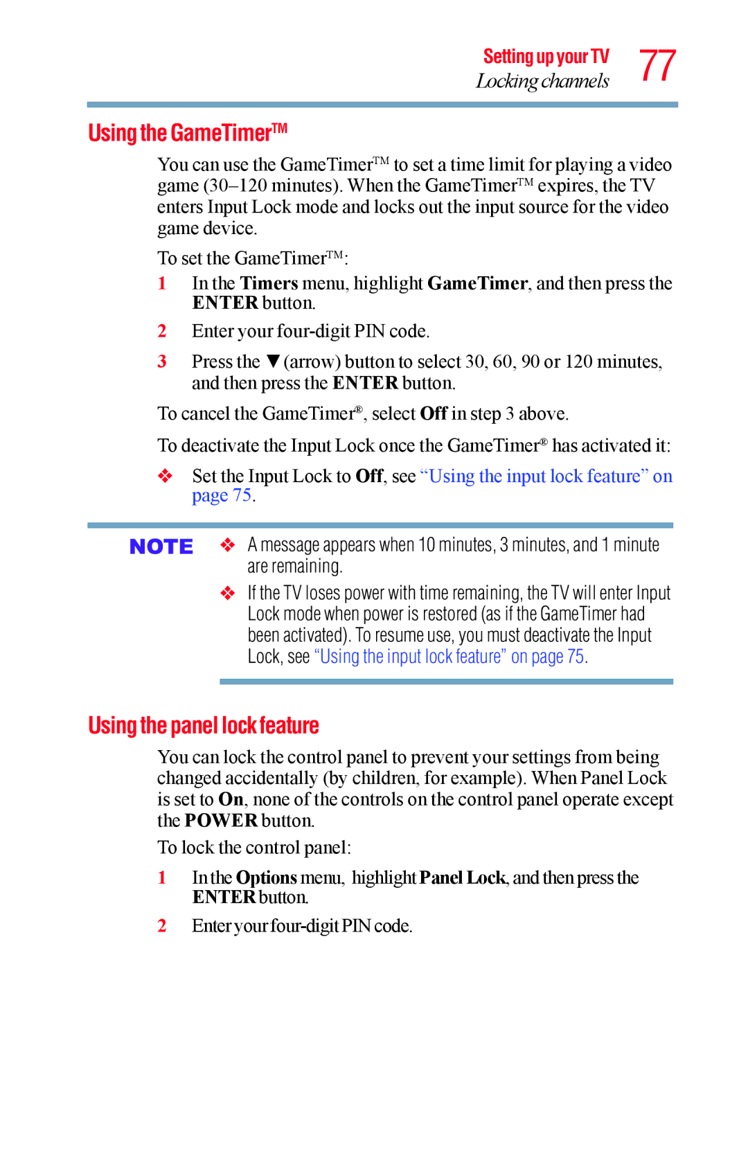 Toshiba 40L1400UC, 23L1400UC, 32L1400UC, 50L1400UC manual Using the GameTimerTM, Using the panel lock feature 