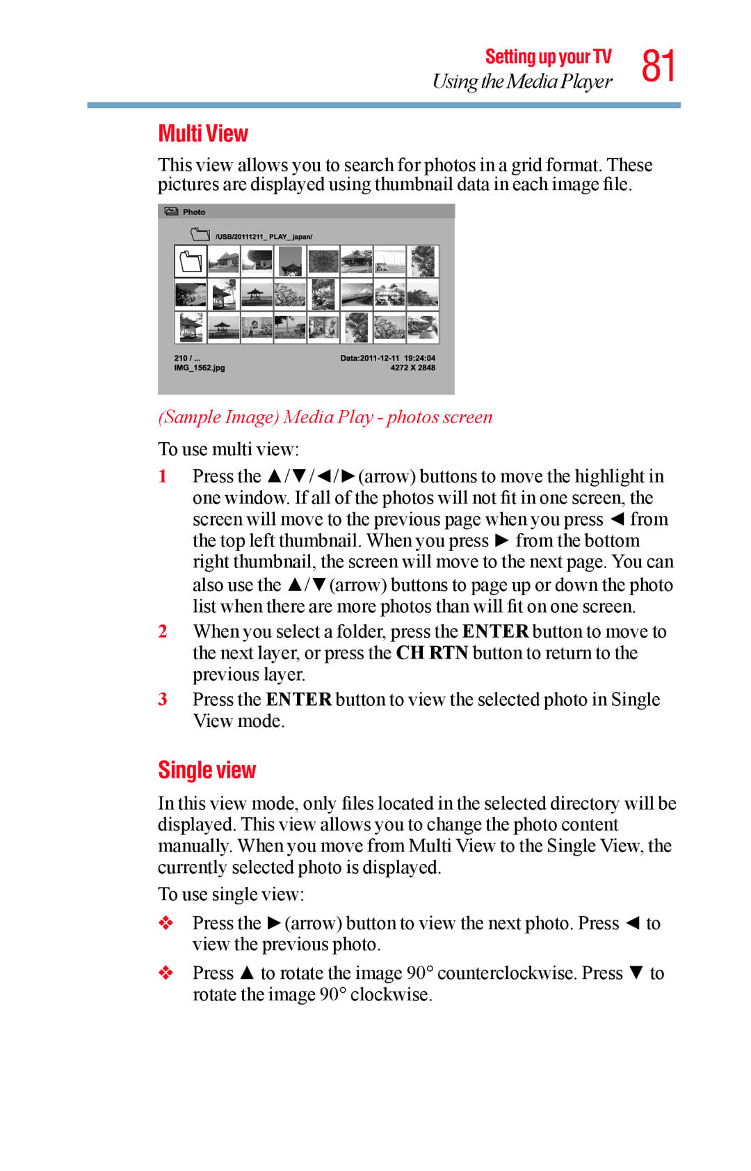 Toshiba 40L1400UC, 23L1400UC, 32L1400UC, 50L1400UC manual Multi View, Single view, Sample Image Media Play photos screen 