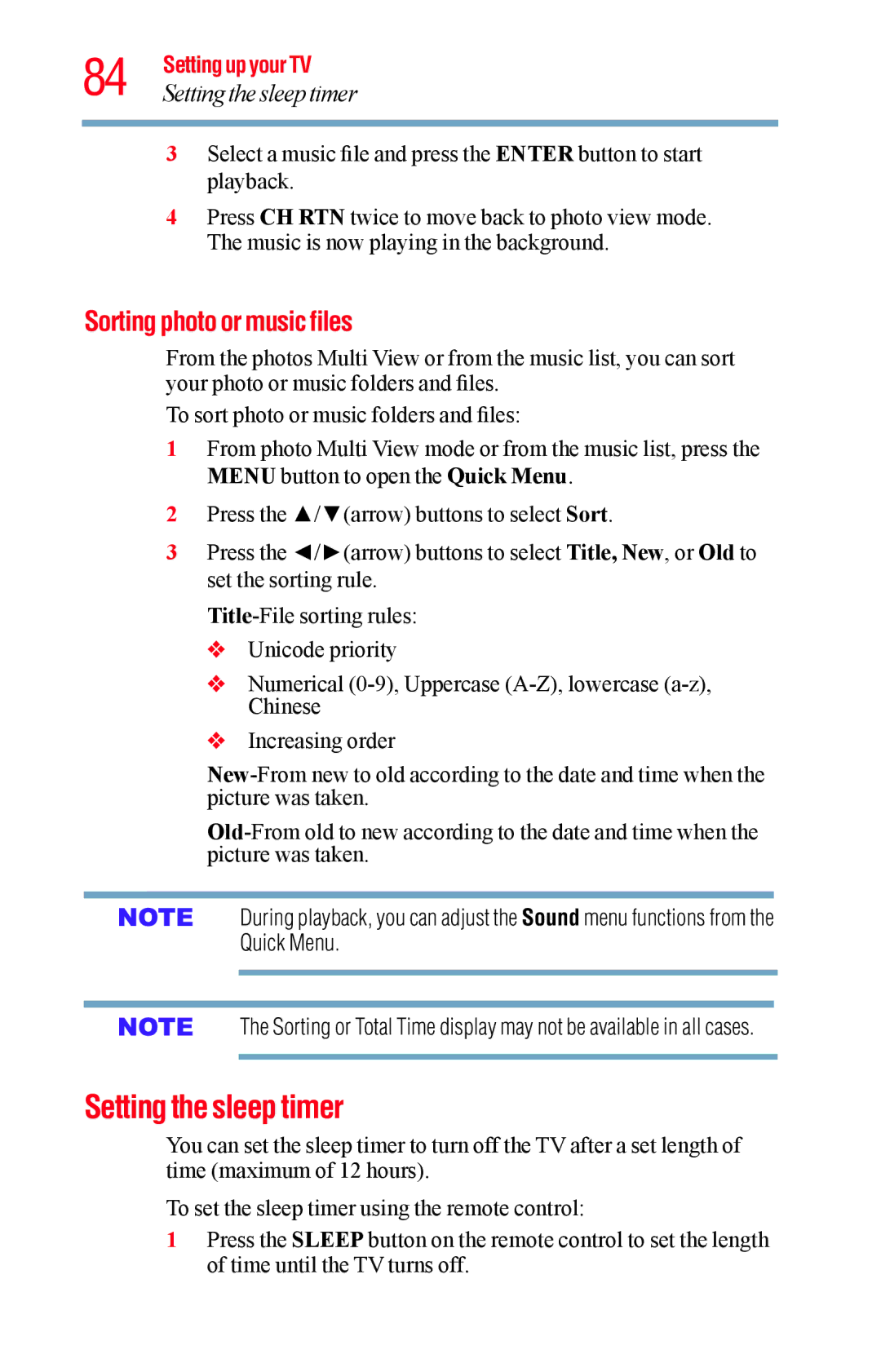 Toshiba 23L1400UC, 40L1400UC, 32L1400UC, 50L1400UC manual Setting the sleep timer, Sorting photo or music files 