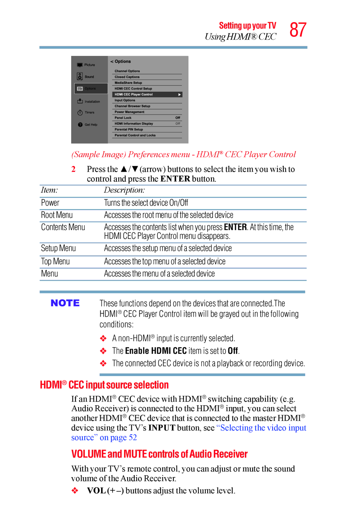 Toshiba 50L1400UC, 23L1400UC, 40L1400UC manual Hdmi CEC input source selection, Volume and Mute controls of Audio Receiver 