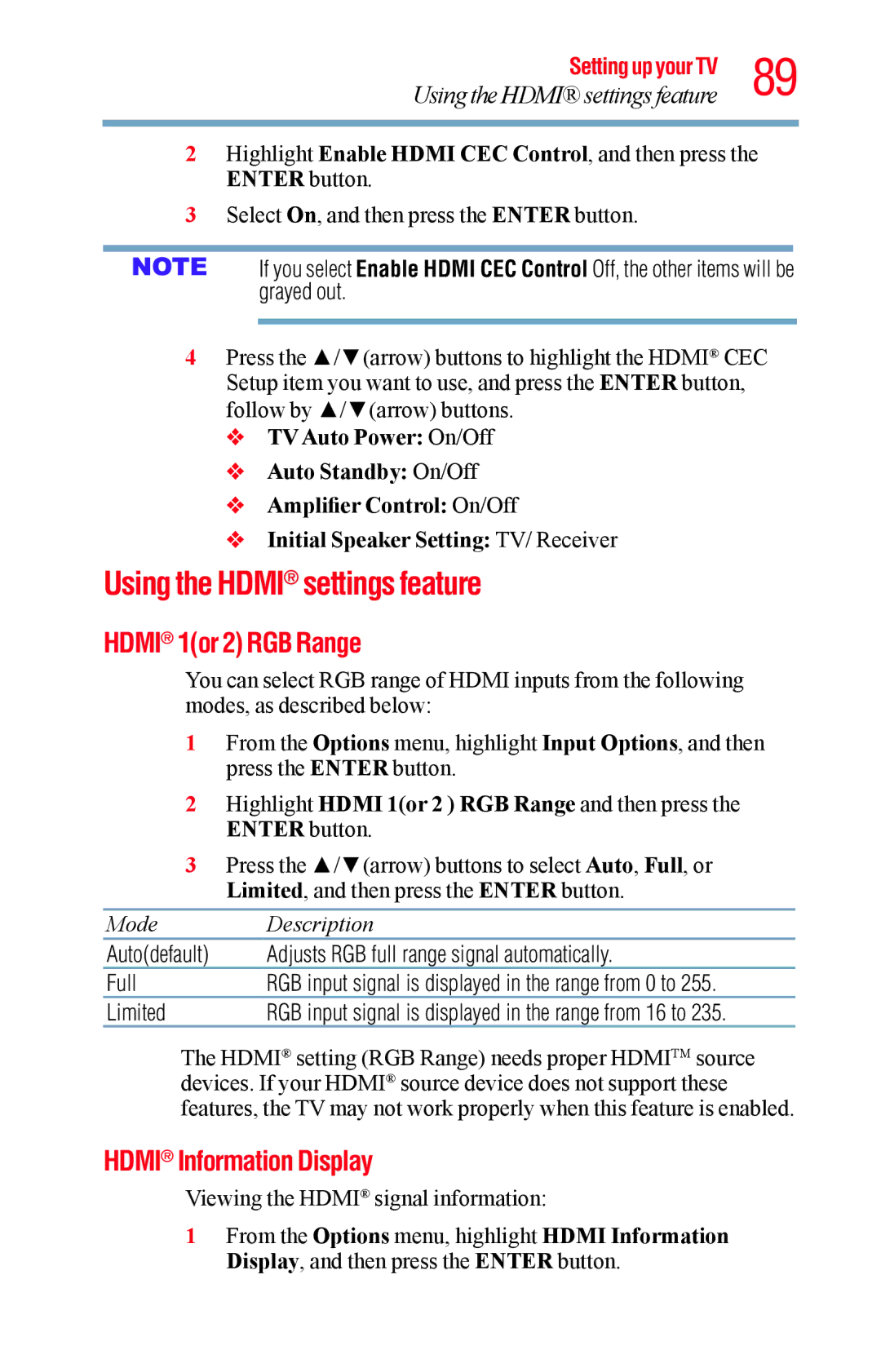 Toshiba 40L1400UC, 23L1400UC manual Using the Hdmi settings feature, Hdmi 1or 2 RGB Range, Hdmi Information Display, Limited 