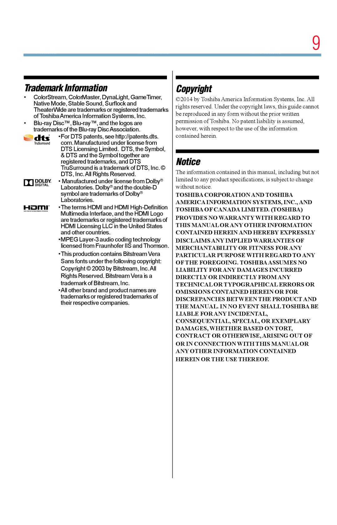 Toshiba 40L1400UC, 23L1400UC, 32L1400UC, 50L1400UC manual Trademark Information 