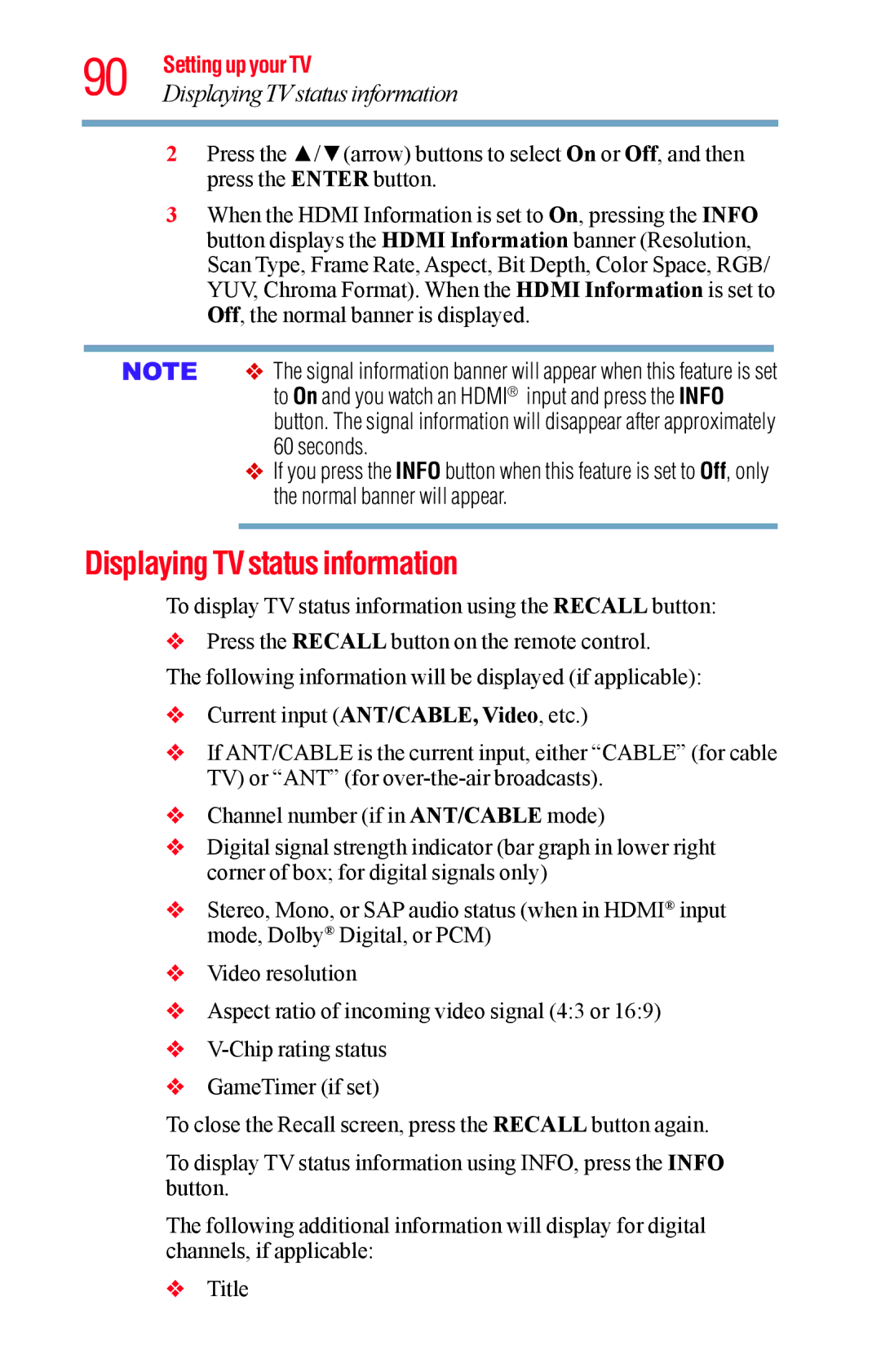 Toshiba 32L1400UC, 23L1400UC, 40L1400UC, 50L1400UC manual Displaying TV status information, Displaying TVstatus information 