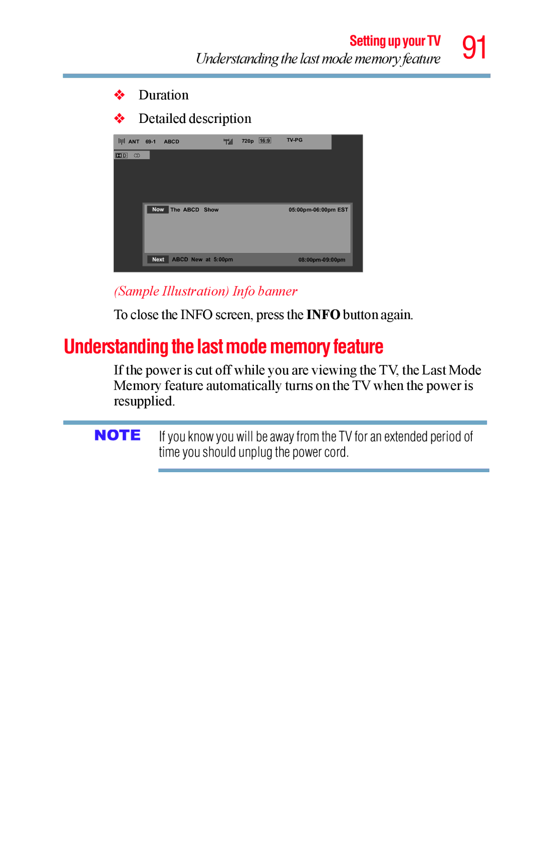 Toshiba 50L1400UC, 23L1400UC, 40L1400UC manual Understanding the last mode memory feature, Sample Illustration Info banner 