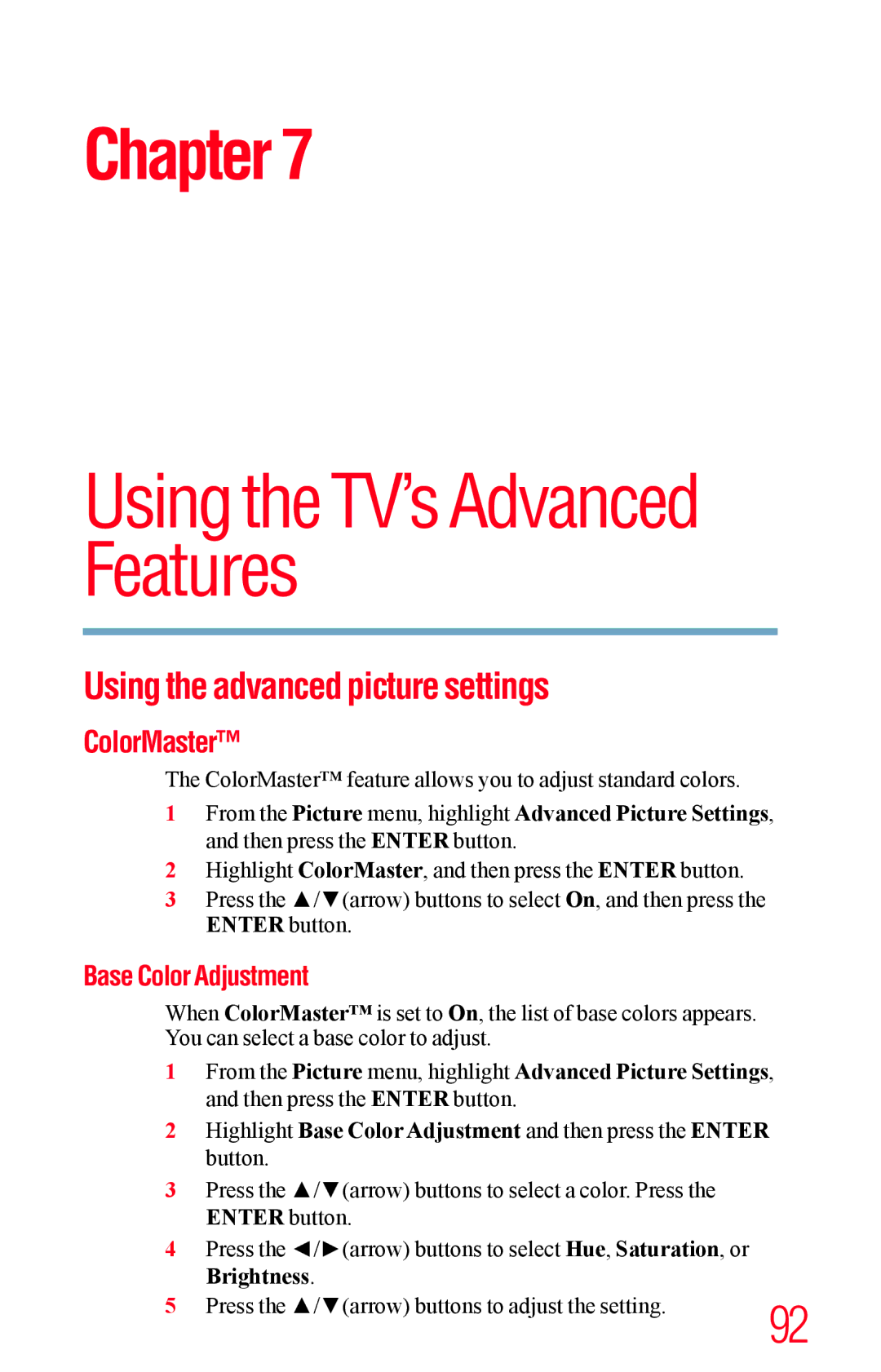 Toshiba 23L1400UC, 40L1400UC, 32L1400UC, 50L1400UC manual Using the TV’s Advanced Features, Base Color Adjustment 