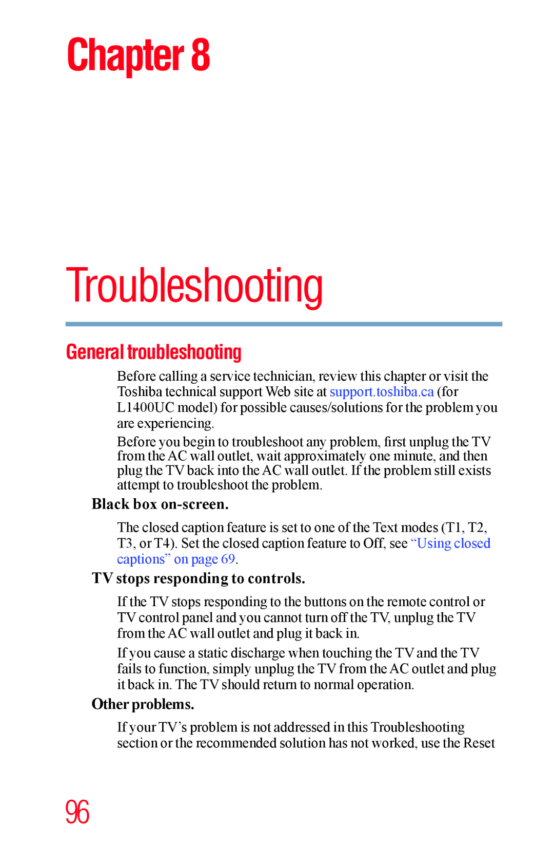 Toshiba 23L1400UC, 40L1400UC, 32L1400UC, 50L1400UC manual Troubleshooting, General troubleshooting 