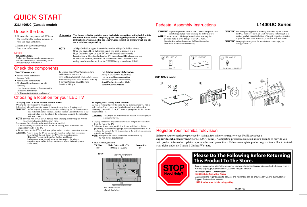 Toshiba 23L1400UC quick start Pedestal Assembly Instructions, Unpack the box, Check the components 