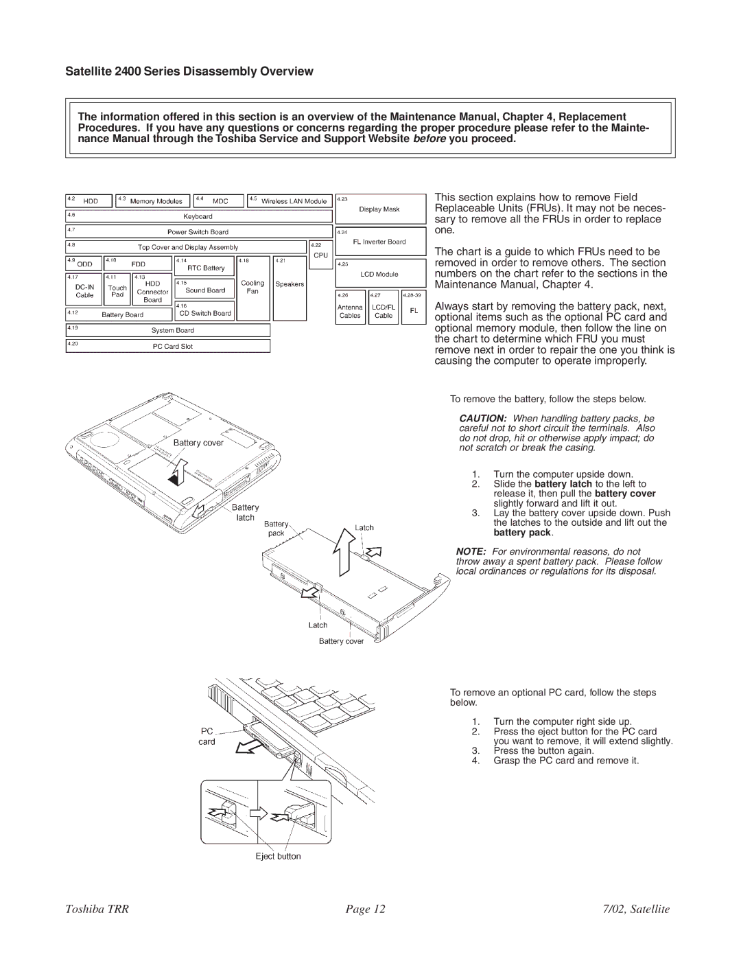 Toshiba 2405-S201 specifications Satellite 2400 Series Disassembly Overview 