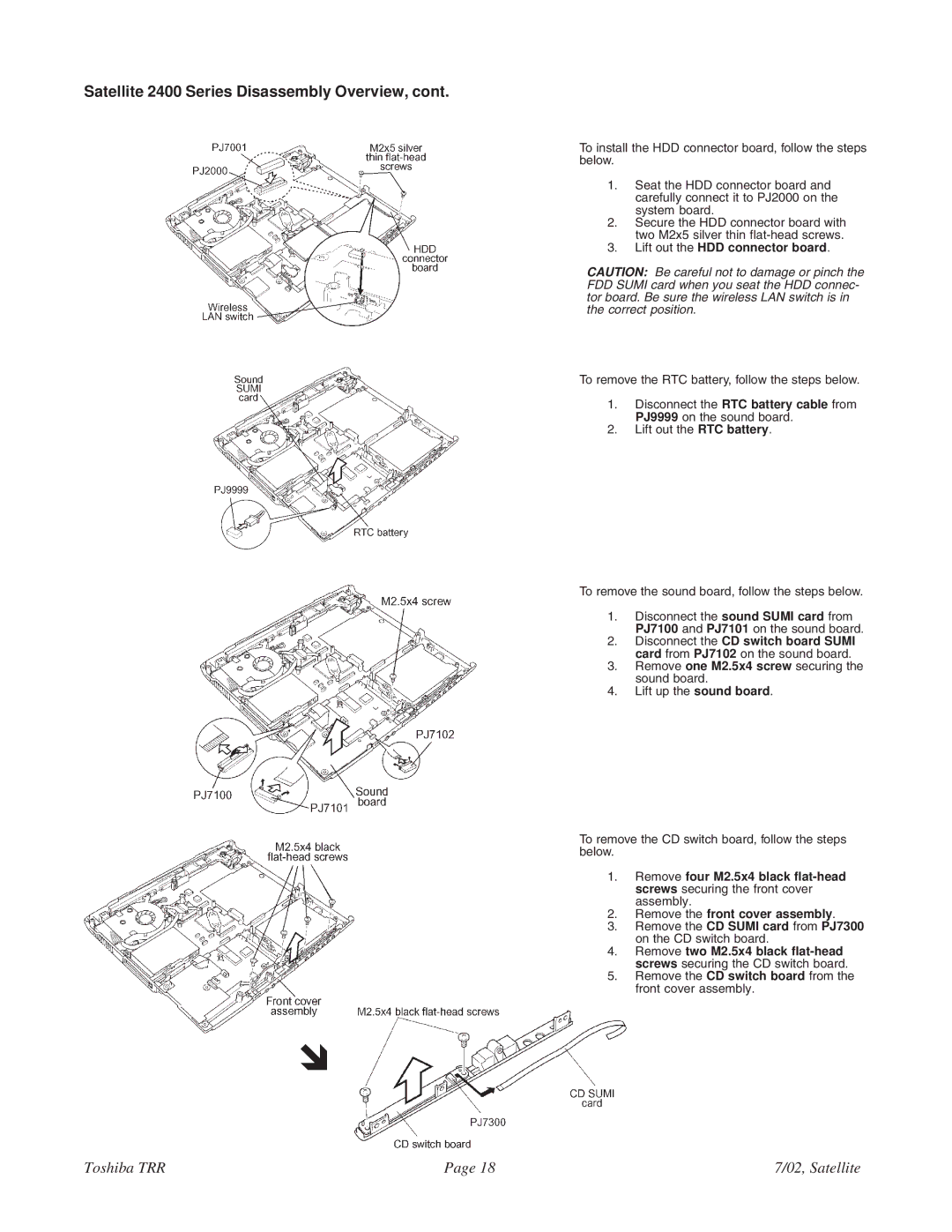 Toshiba 2405-S201 specifications Remove the CD switch board from the front cover assembly 