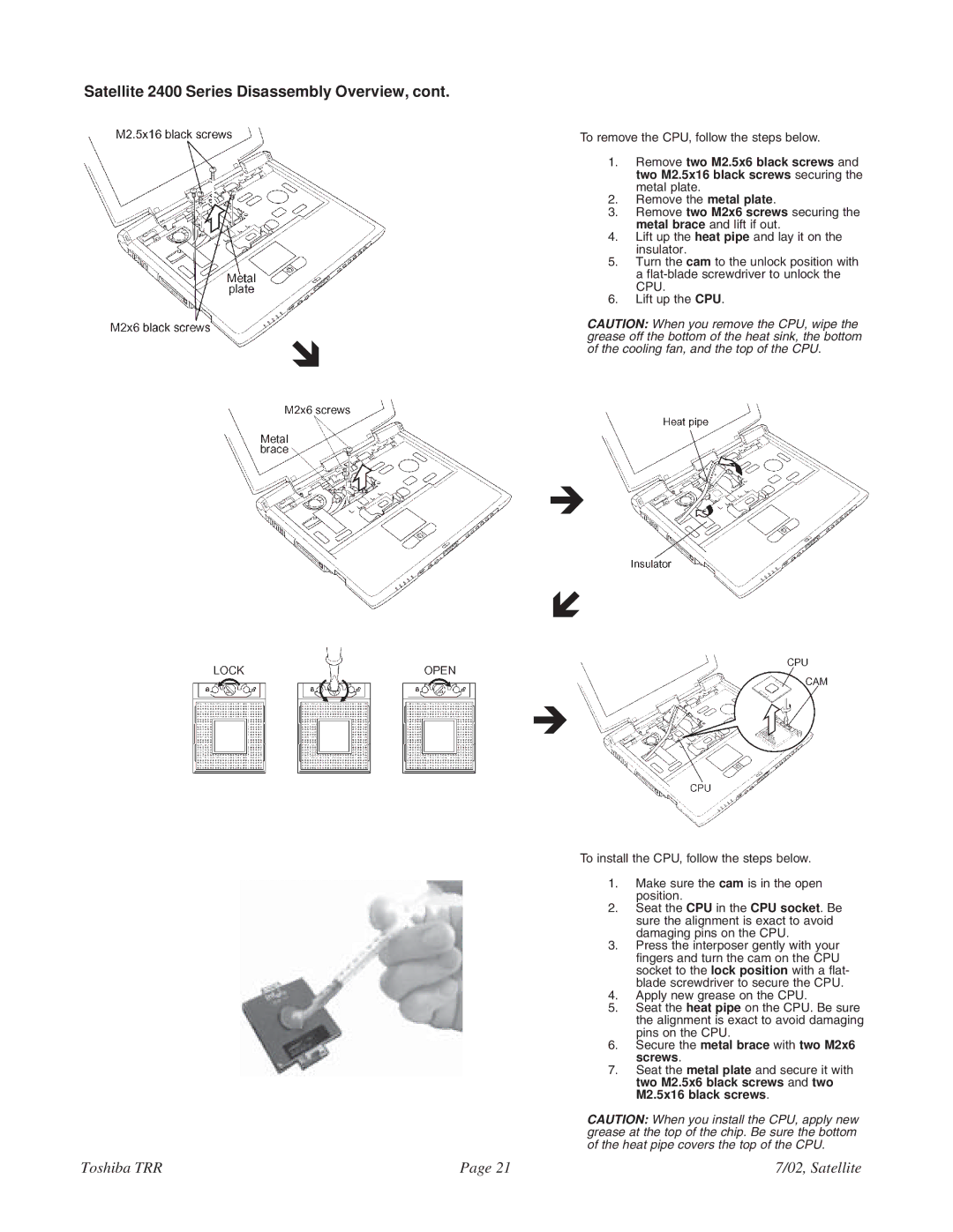 Toshiba 2405-S201 specifications To remove the CPU, follow the steps below 