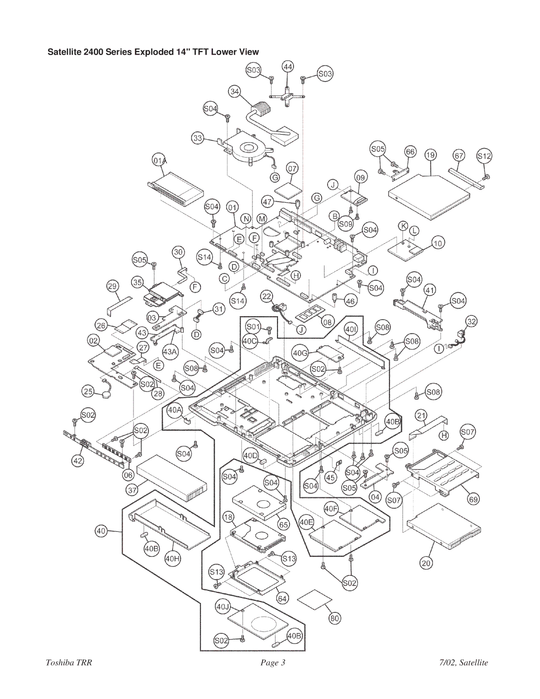 Toshiba 2405-S201 specifications Satellite 2400 Series Exploded 14 TFT Lower View 