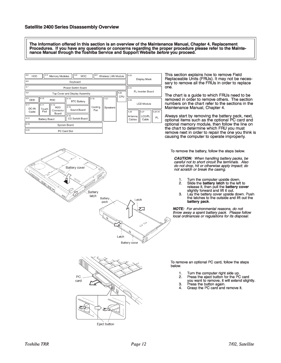 Toshiba 2405-S201 specifications Satellite 2400 Series Disassembly Overview, Toshiba TRR, Page, 7/02, Satellite 