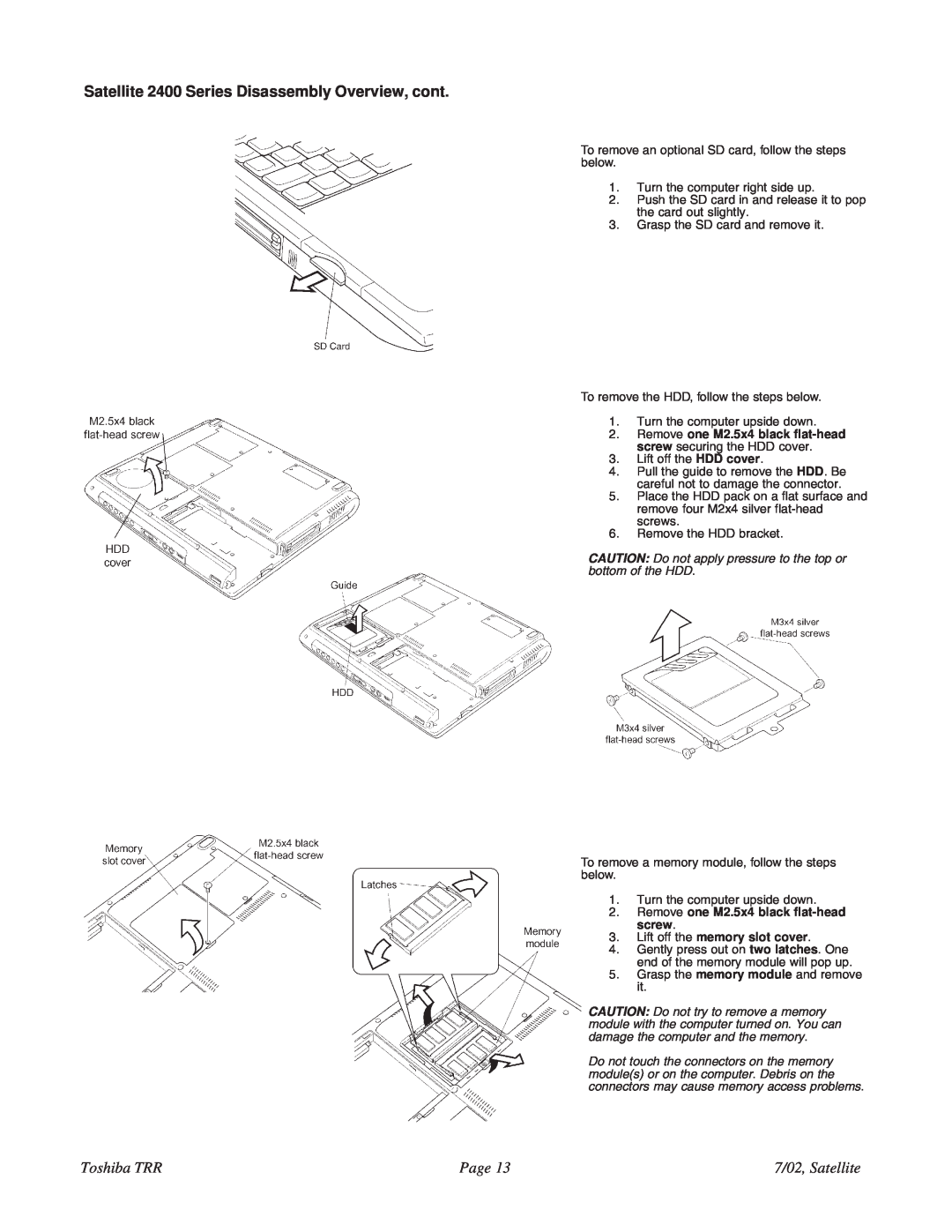 Toshiba 2405-S201 specifications Satellite 2400 Series Disassembly Overview, cont, Toshiba TRR, Page, 7/02, Satellite 