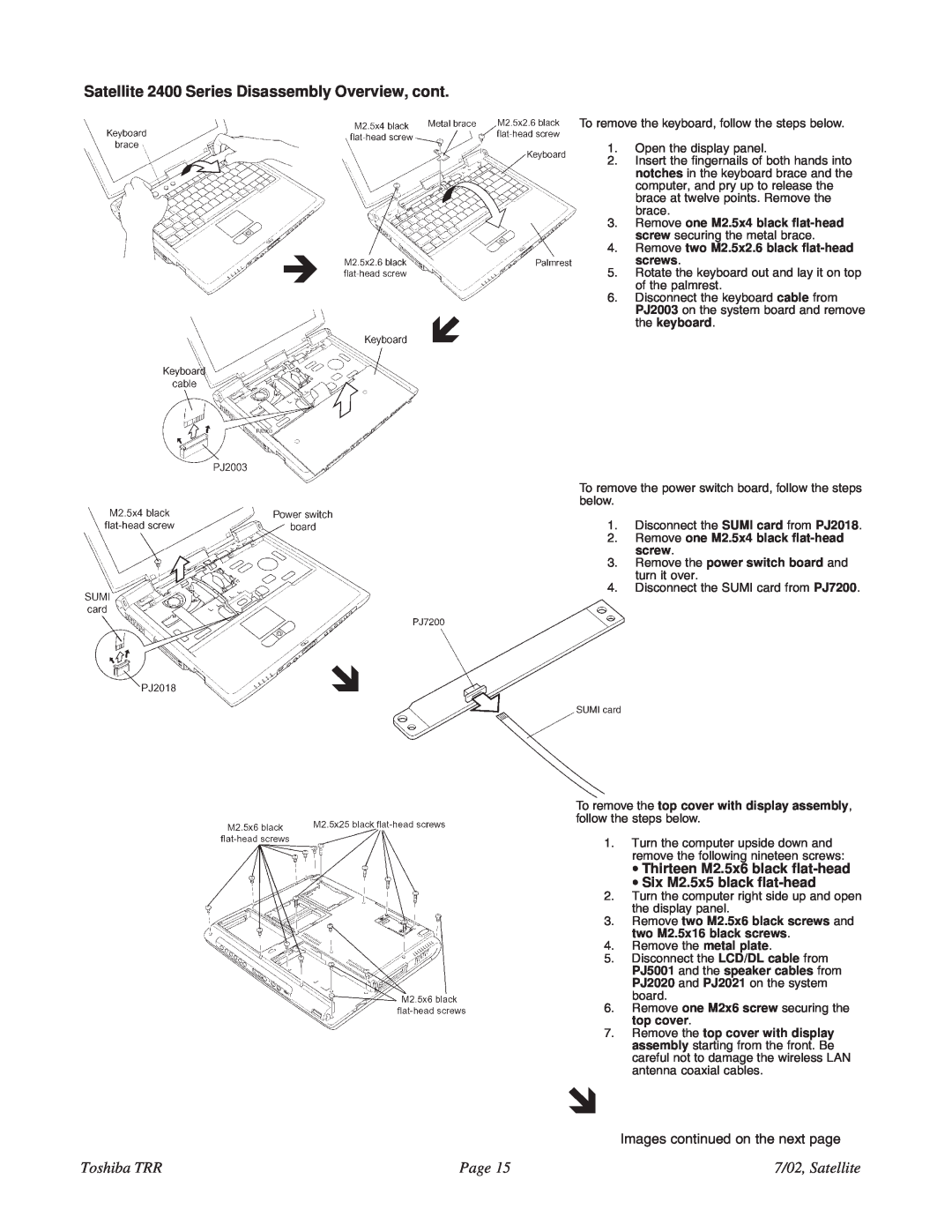 Toshiba 2405-S201 specifications Satellite 2400 Series Disassembly Overview, cont, Toshiba TRR, Page, 7/02, Satellite 