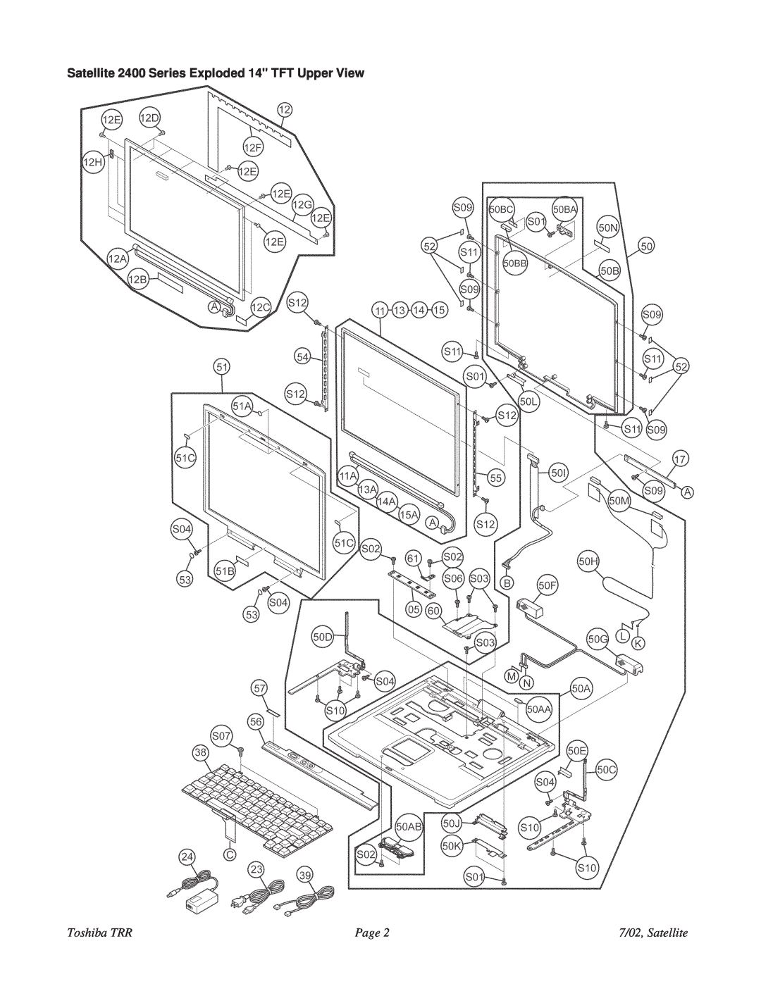 Toshiba 2405-S201 specifications Satellite 2400 Series Exploded 14 TFT Upper View, Toshiba TRR, Page, 7/02, Satellite 