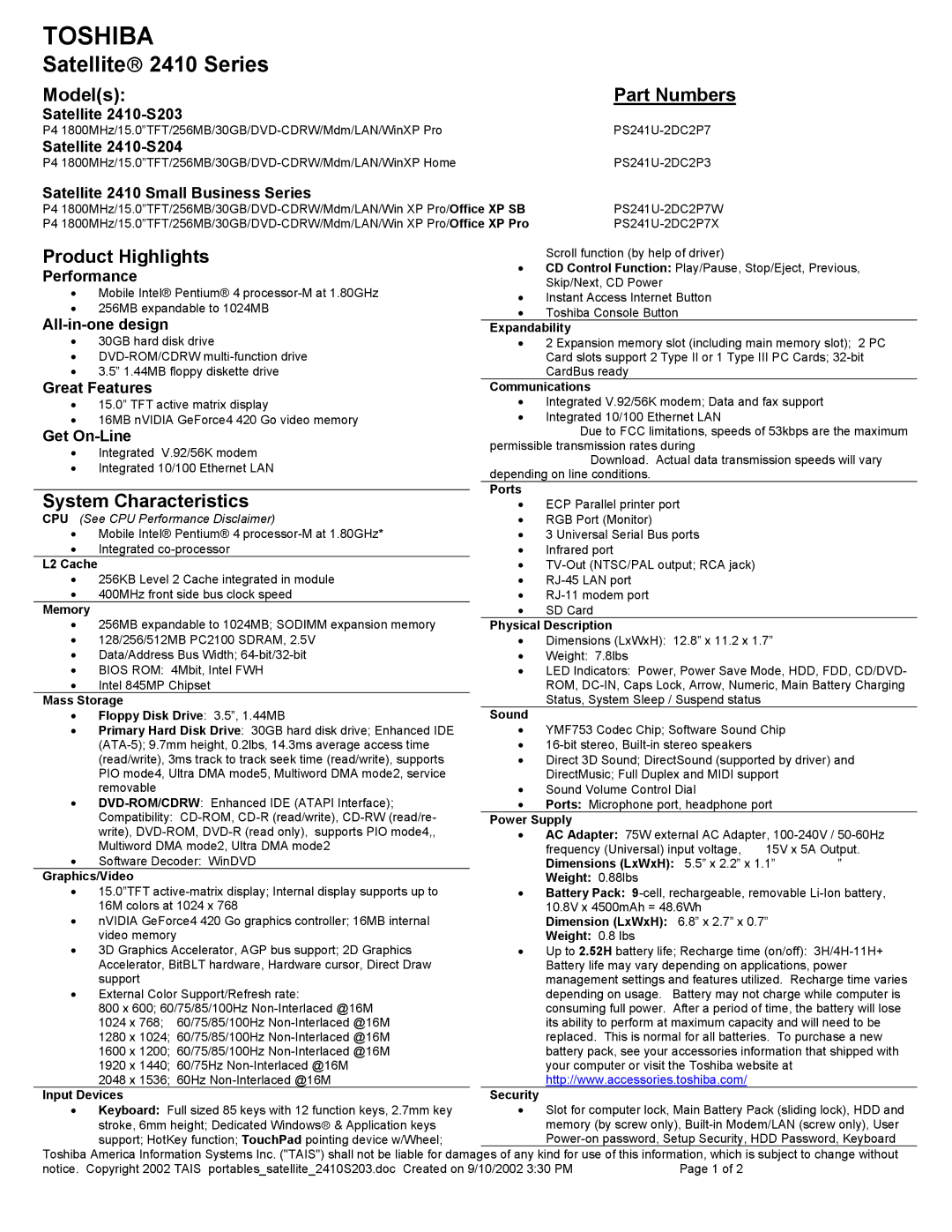 Toshiba 2410 Series dimensions Models Part Numbers, Product Highlights, System Characteristics 