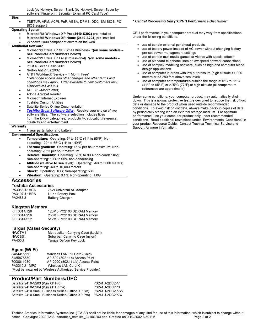 Toshiba 2410 Series dimensions Accessories, Product/Part Numbers/UPC 