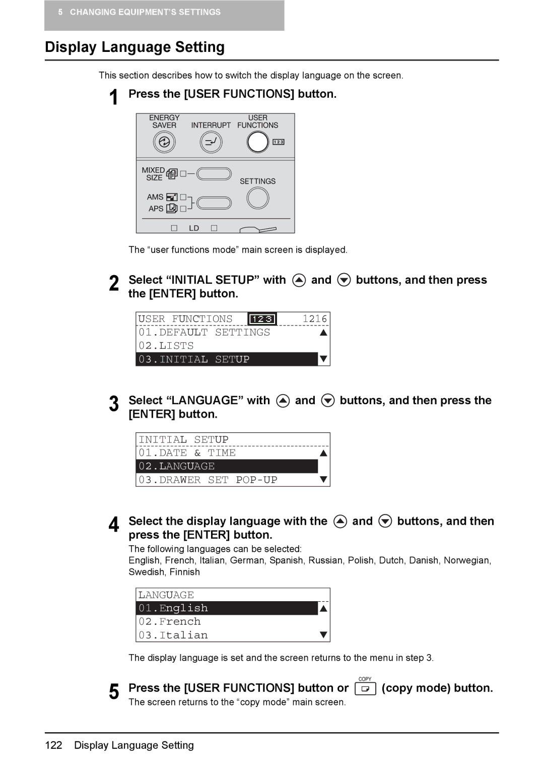 Toshiba 212, 242, 182 manual Display Language Setting, Select Language with, Initial Setup Date & Time 