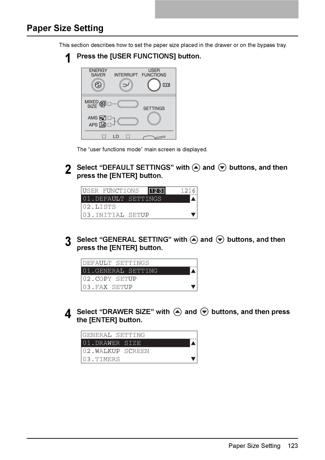 Toshiba 182, 242, 212 manual Paper Size Setting, General Setting, Drawer Size 