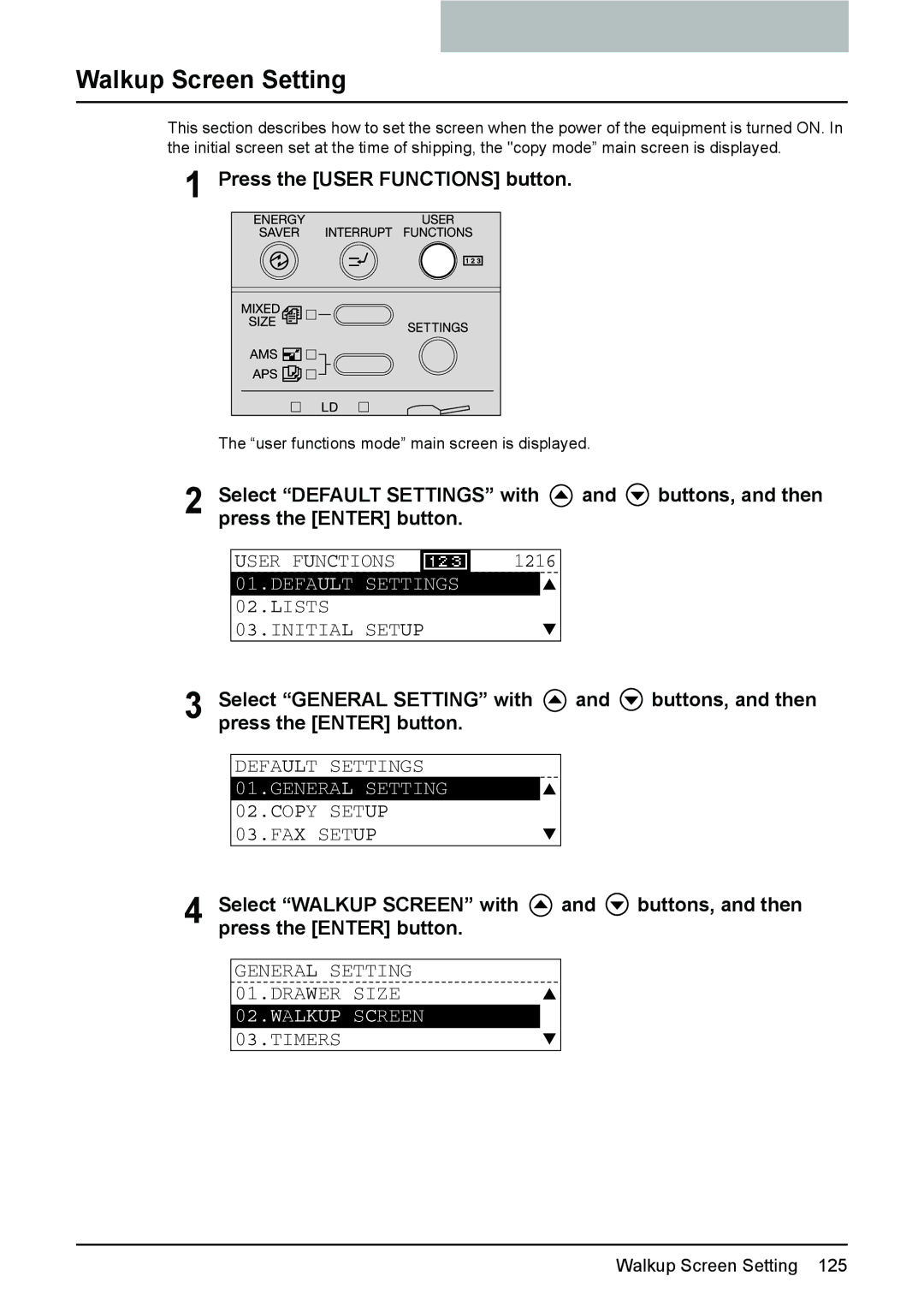 Toshiba 212, 242, 182 manual Walkup Screen Setting, General Setting Drawer Size, Timers 