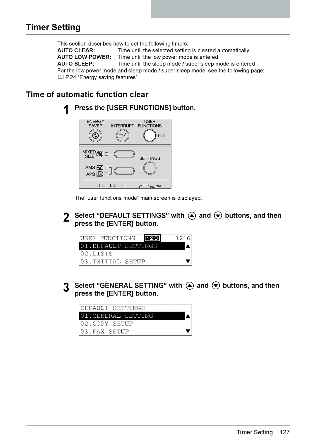 Toshiba 242, 212, 182 manual Timer Setting, Time of automatic function clear 