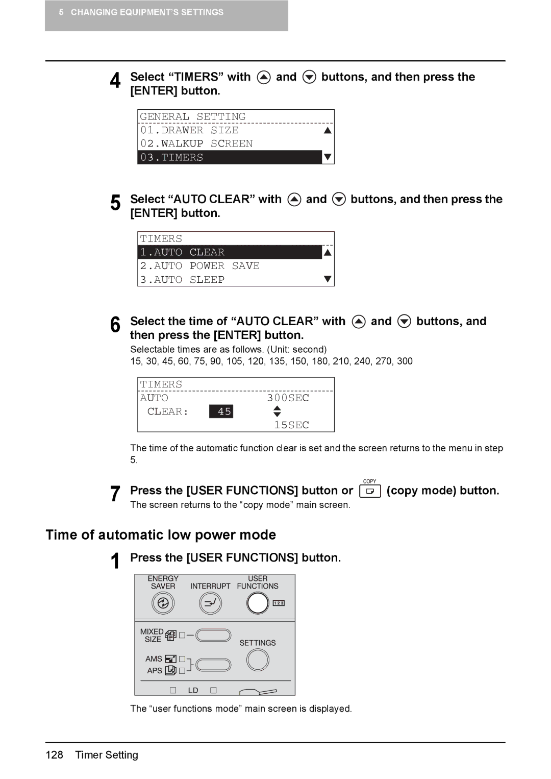 Toshiba 212, 242, 182 manual Time of automatic low power mode, Timers, Select Auto Clear with 