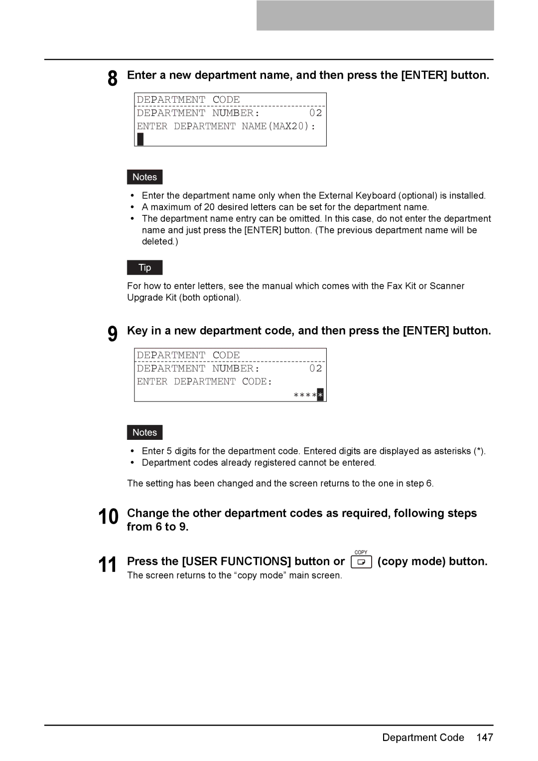 Toshiba 182, 242, 212 manual Enter a new department name, and then press the Enter button 