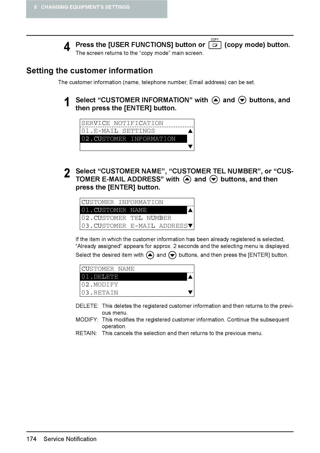 Toshiba 182, 242, 212 manual Setting the customer information, Customer Information, Customer Name 