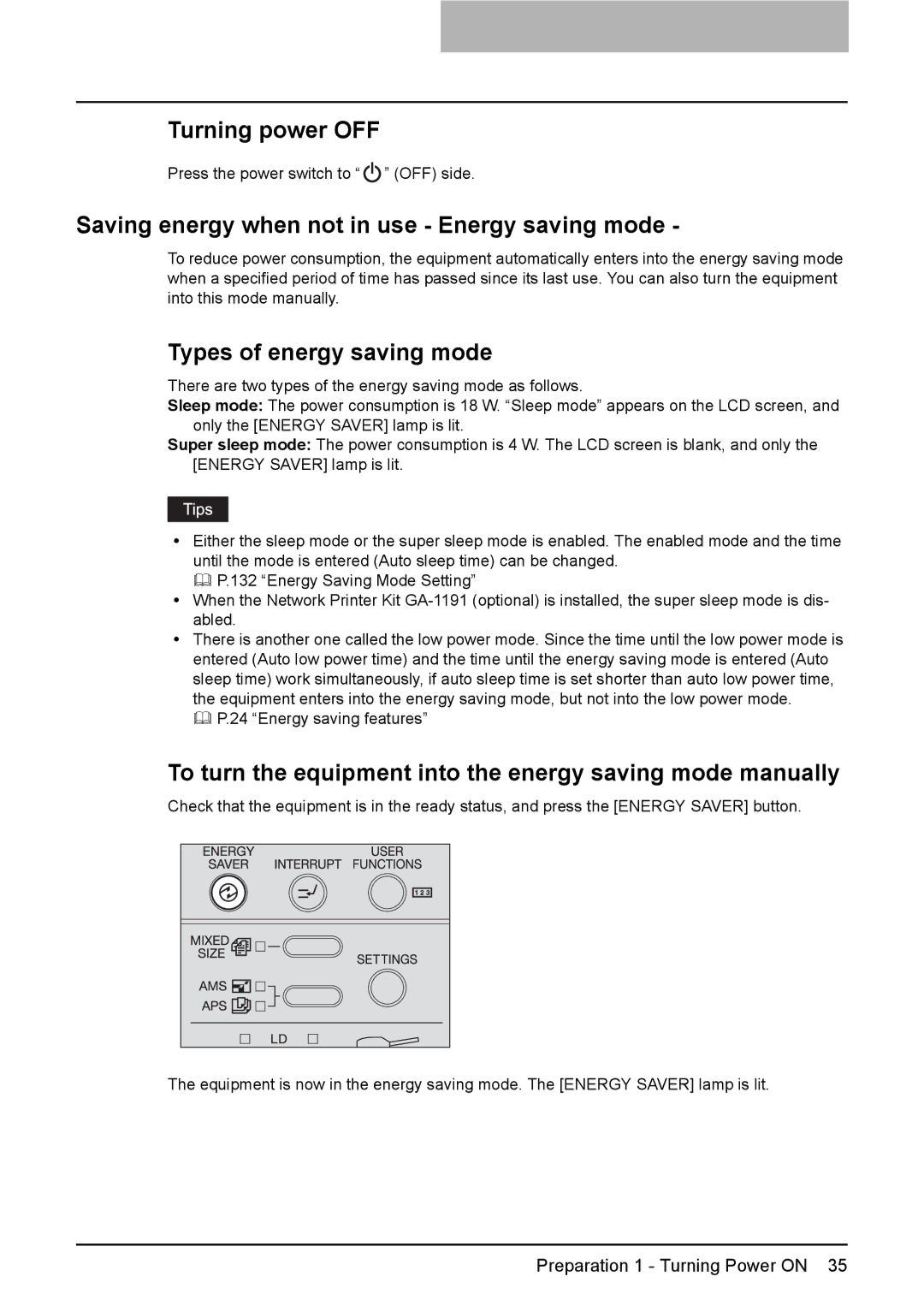 Toshiba 212, 242, 182 manual Turning power OFF, Saving energy when not in use Energy saving mode, Types of energy saving mode 