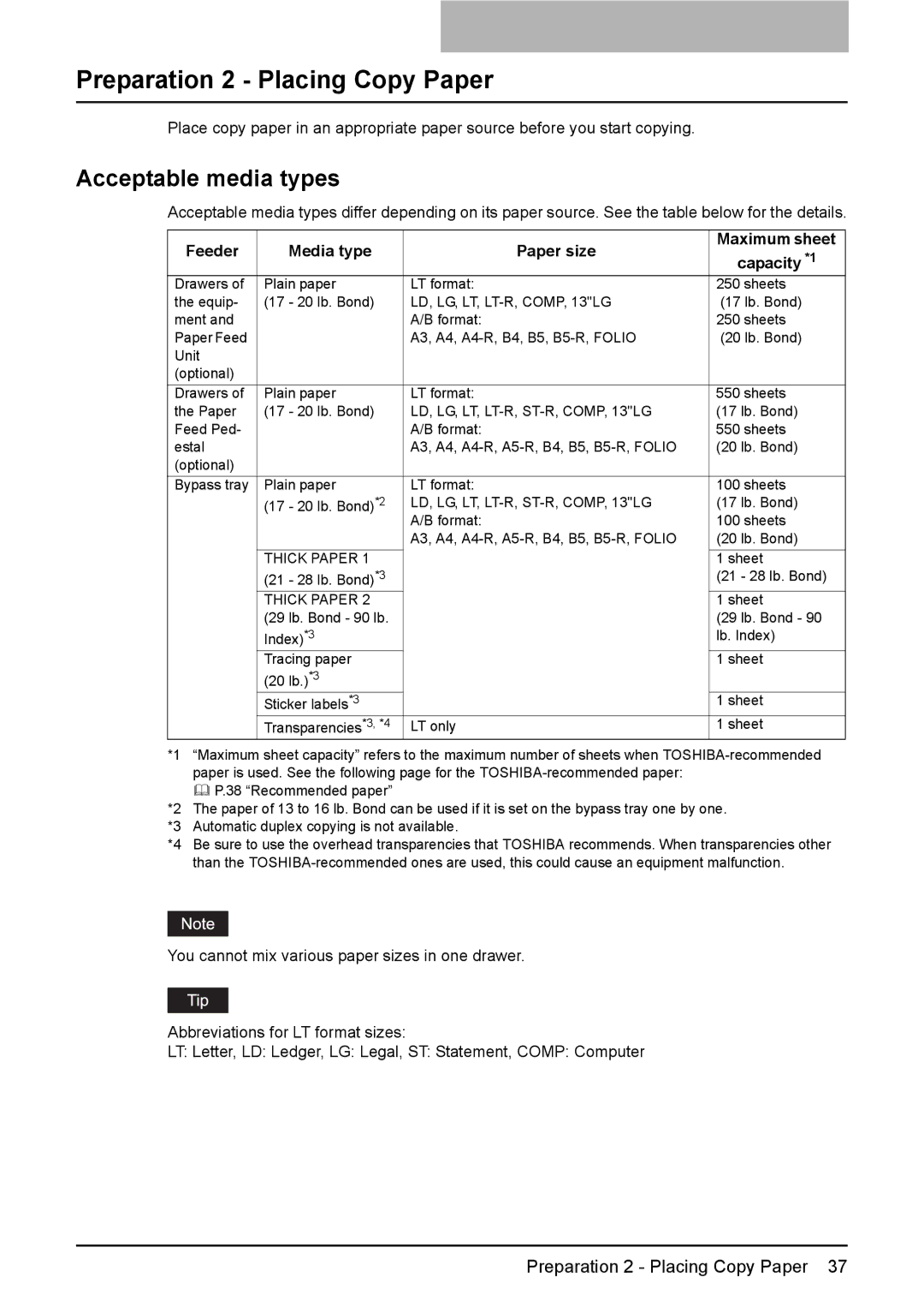 Toshiba 242, 212, 182 manual Preparation 2 Placing Copy Paper, Acceptable media types 