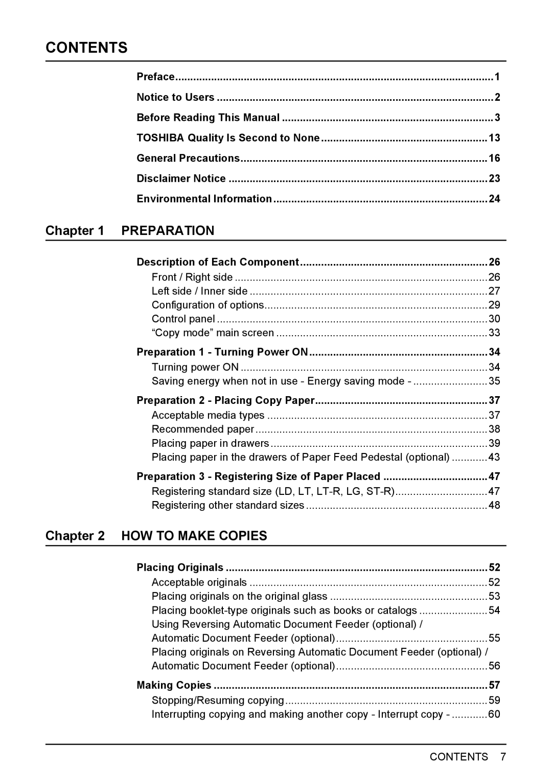 Toshiba 242, 212, 182 manual Contents 