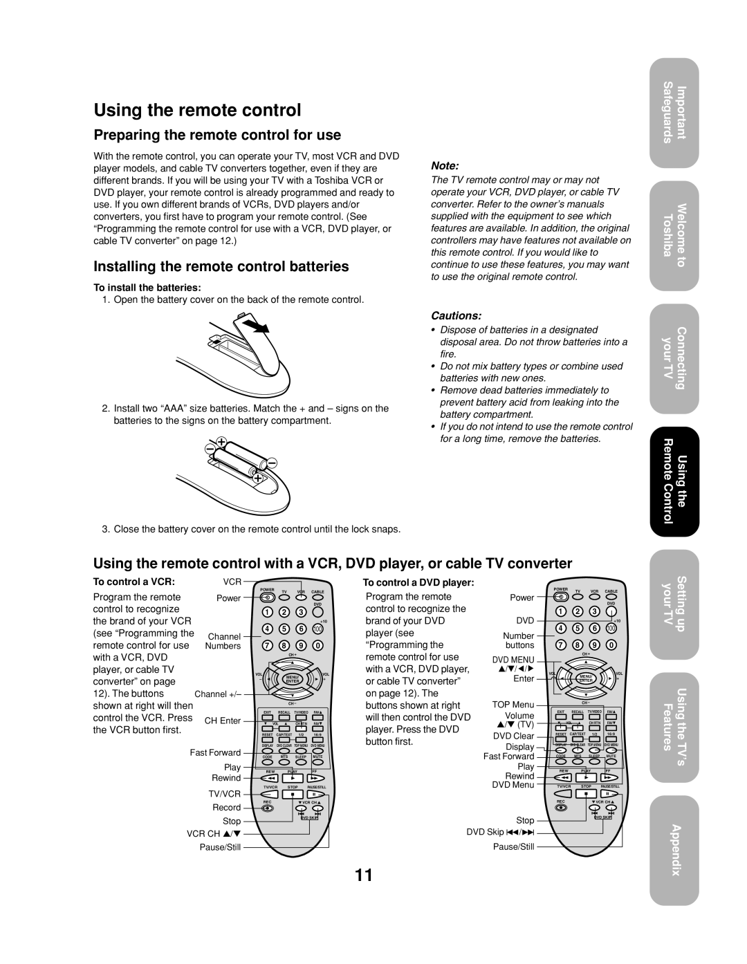 Toshiba 20AF43 Using the remote control, Preparing the remote control for use, Installing the remote control batteries 